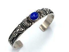 Hand-Stamped Overlay Sterling Silver Cuff with Lapis Lazuli