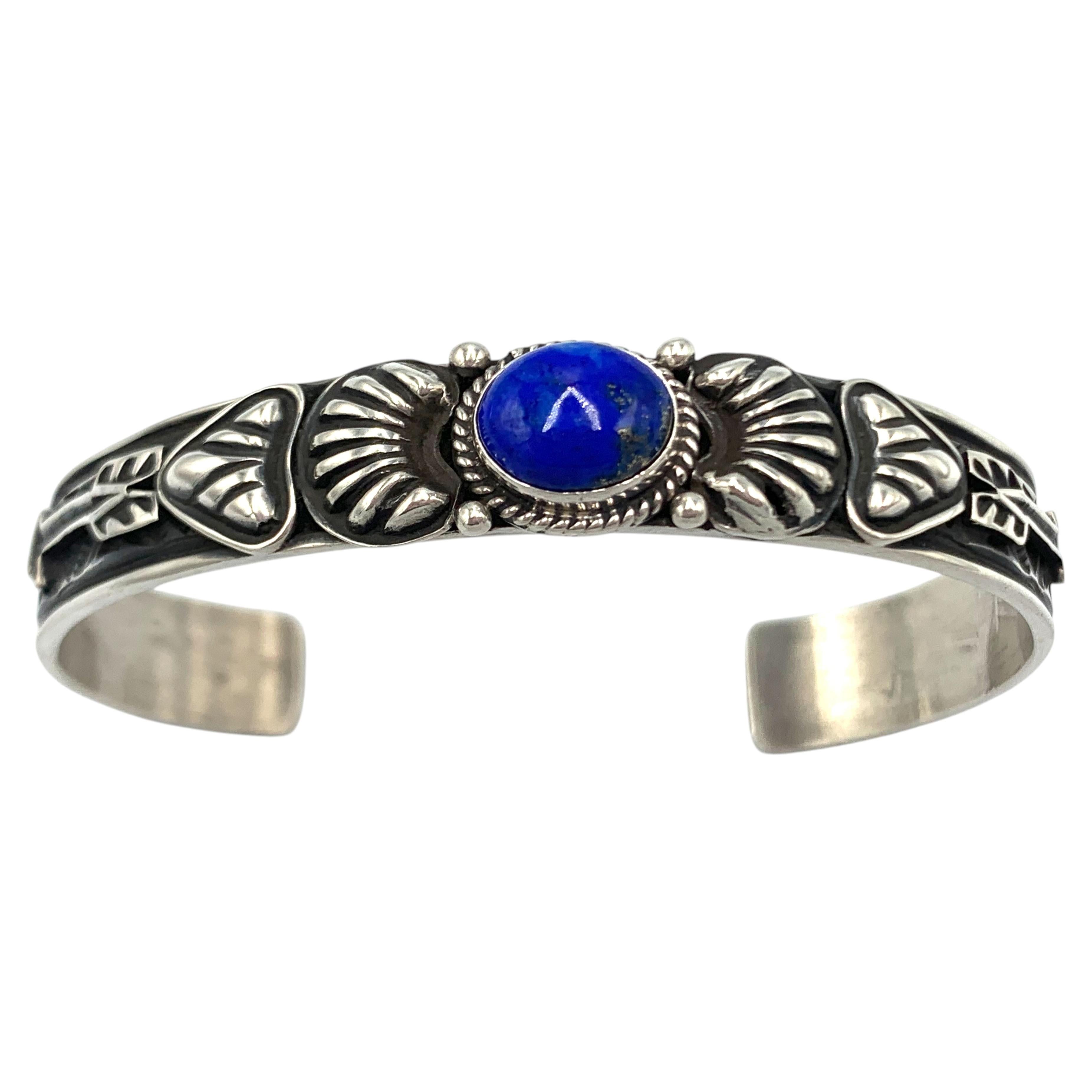 Hand-Stamped Overlay Sterling Silver Cuff with Lapis Lazuli