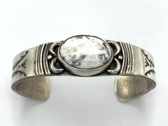 Hand-Stamped Sterling Silver and White Buffalo Cuff by Ray Bennett (Navajo)