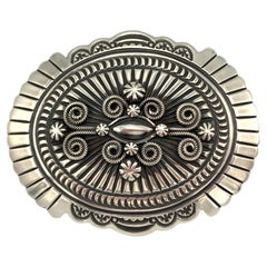 Hand-Stamped Sterling Silver Belt Buckle by Darrell Cadman (Navajo)