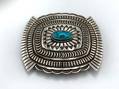 Hand-Stamped Sterling Silver Buckle with Morenci Turquoise by Sunshine Reeves