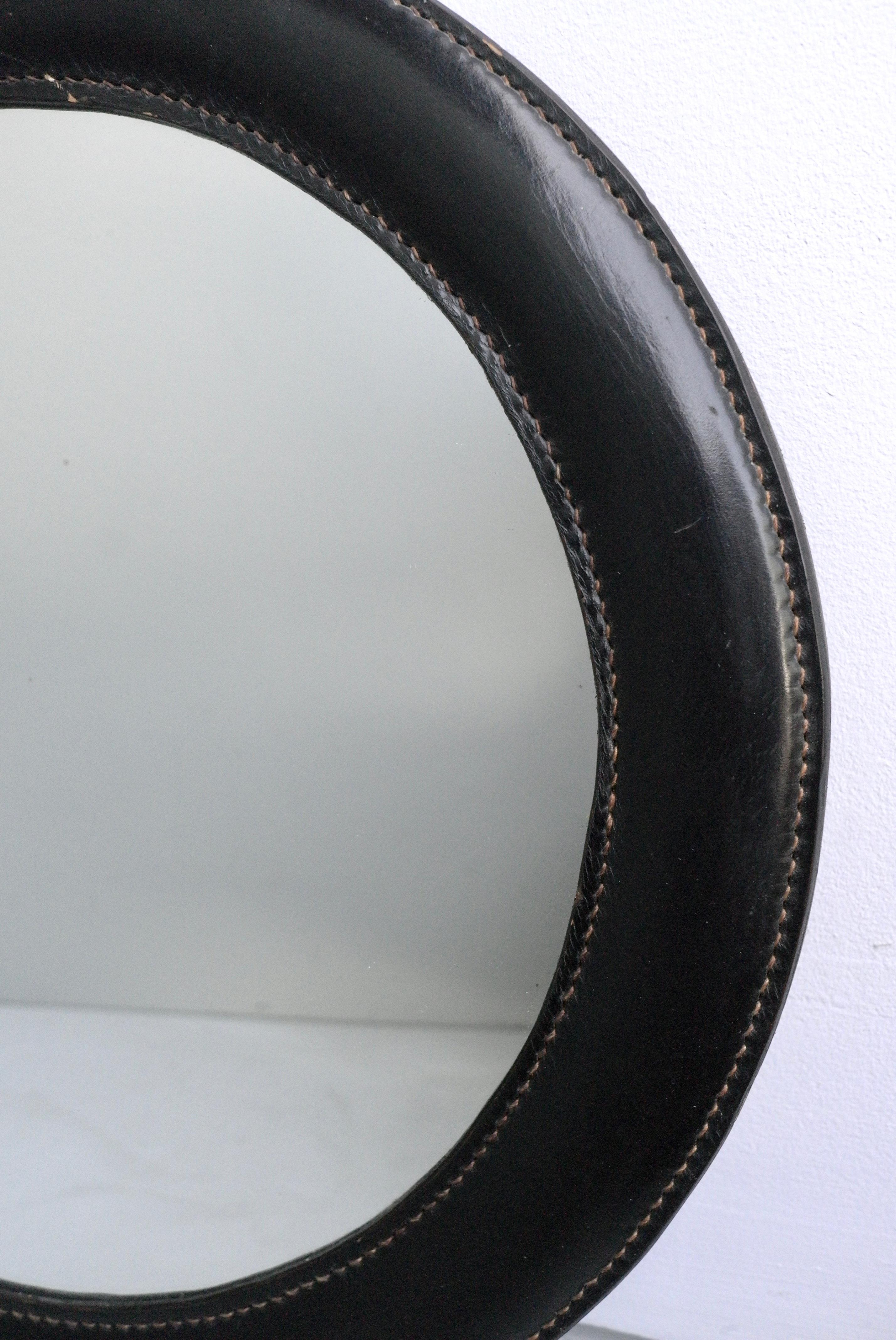 Mid-Century Modern Hand-Stitched Black Leather Wall Mirror in Style of Jacques Adnet For Sale