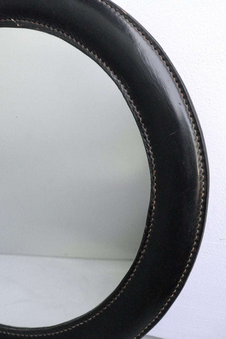 HandStitched Black Leather Wall Mirror in Style of Jacques For
