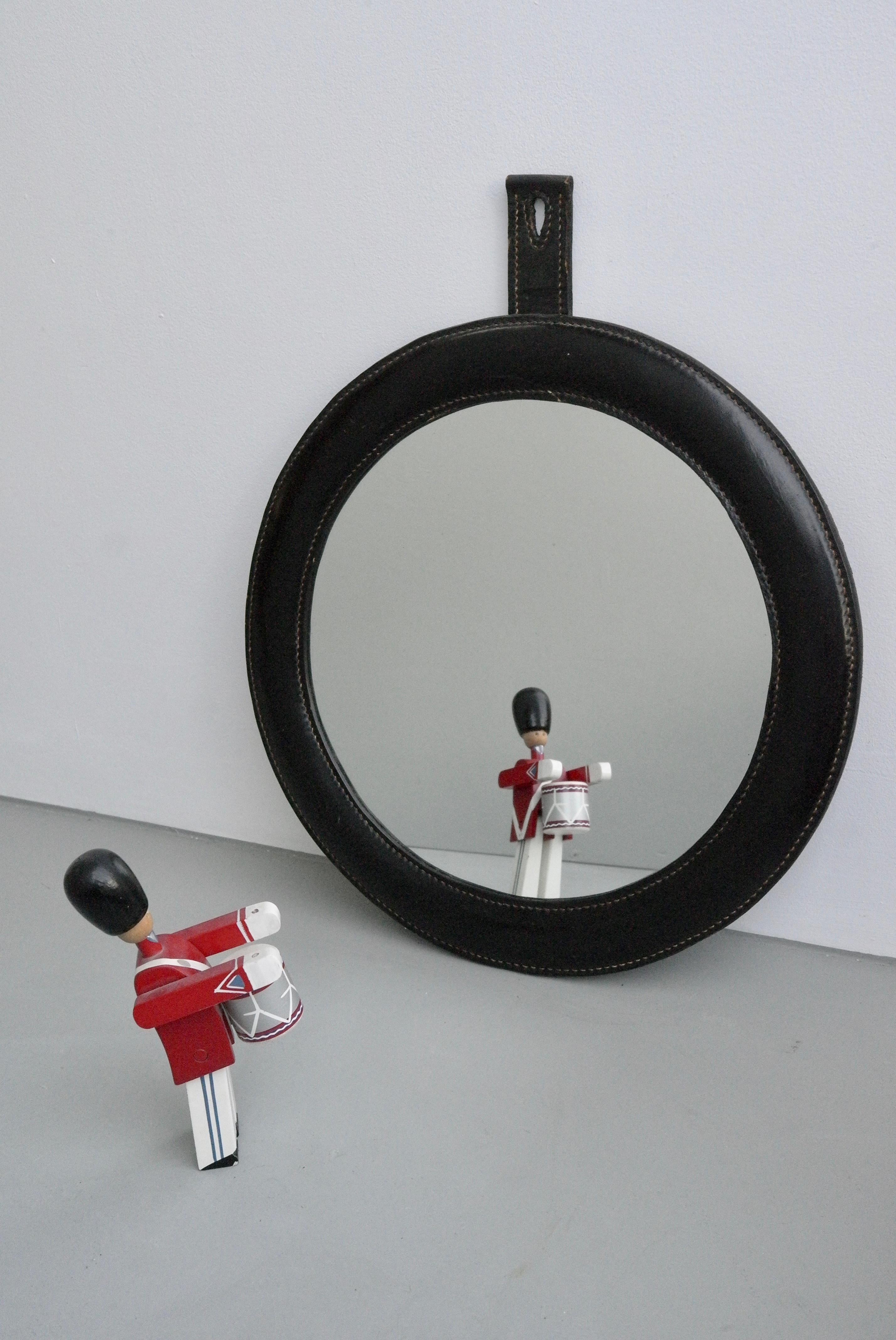 French Hand-Stitched Black Leather Wall Mirror in Style of Jacques Adnet For Sale