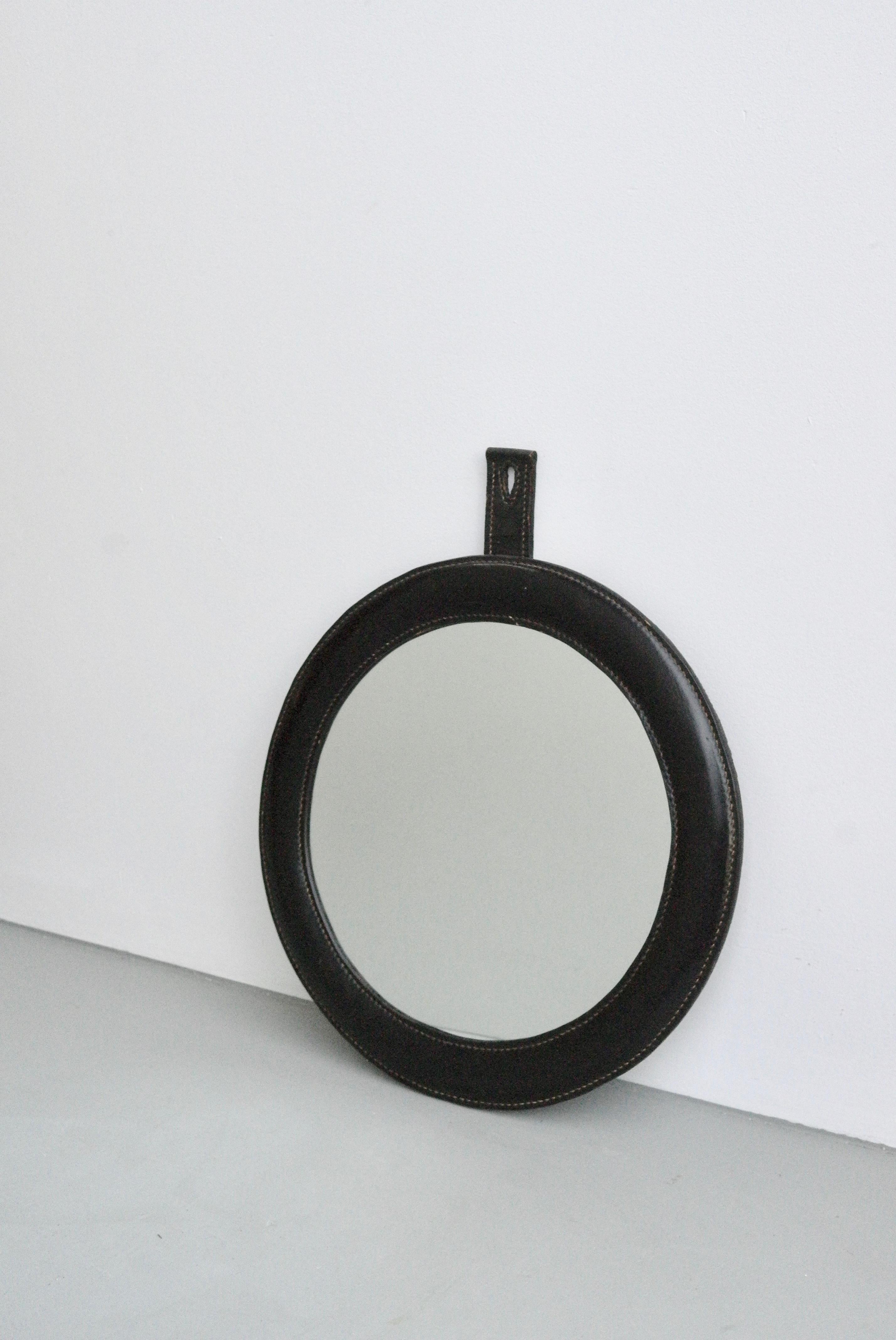 Hand-Stitched Black Leather Wall Mirror in Style of Jacques Adnet In Good Condition For Sale In Den Haag, NL