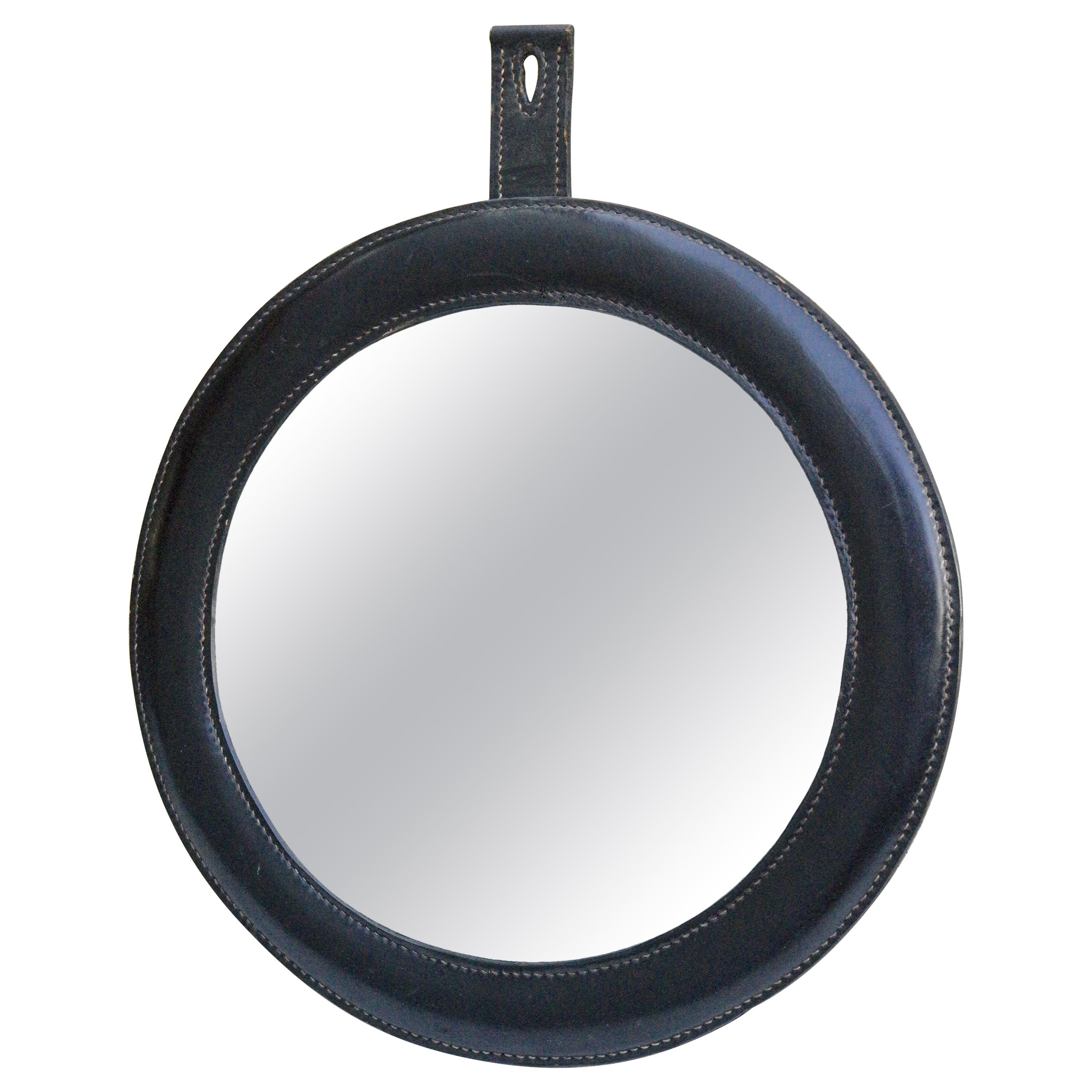 Hand-Stitched Black Leather Wall Mirror in Style of Jacques Adnet For Sale