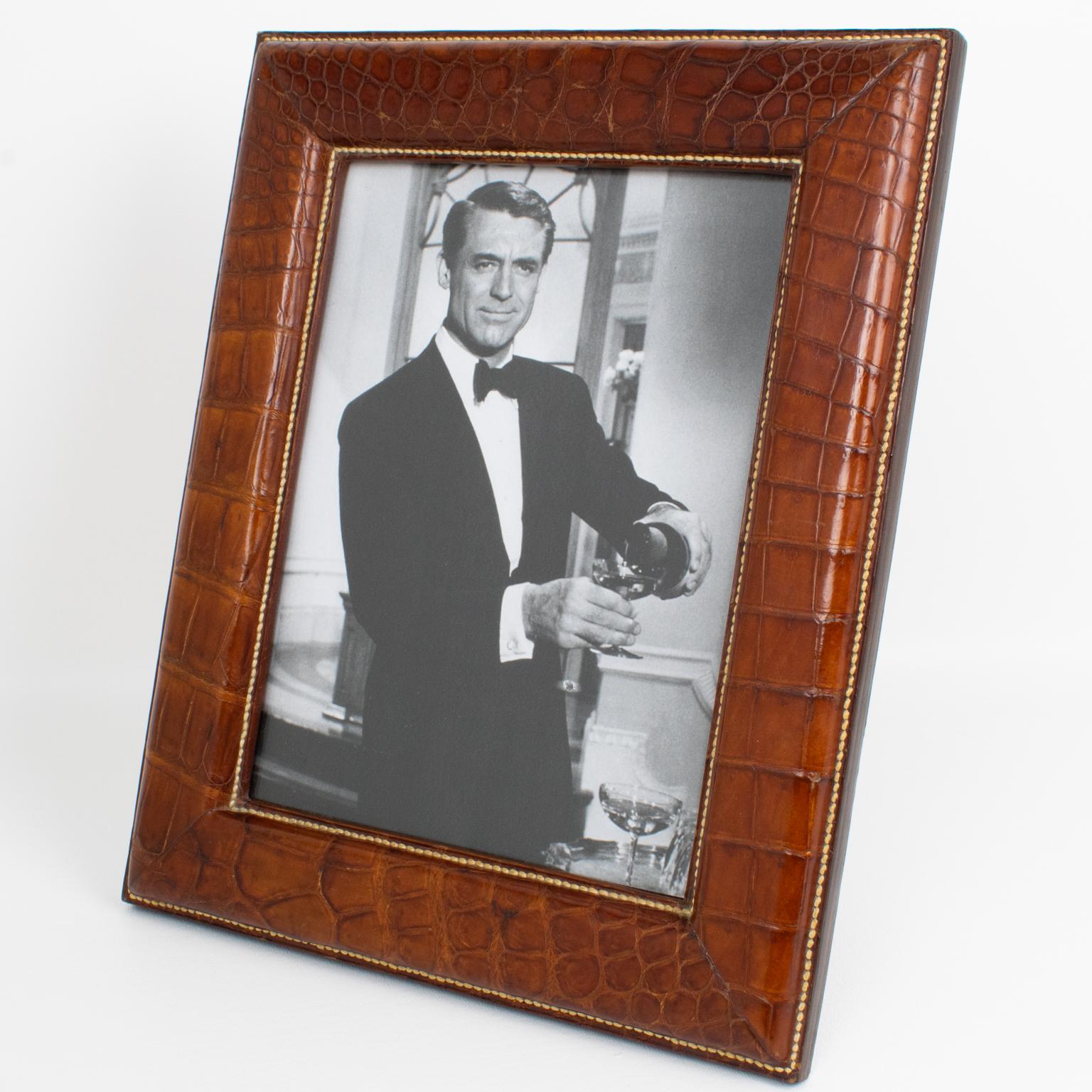 Mid-Century Modern Hand-Stitched Brown Crocodile Leather Picture Frame