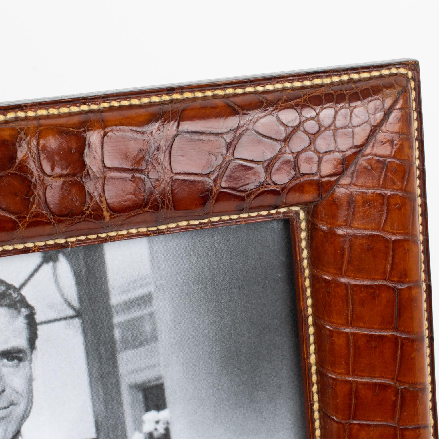 Mid-20th Century Hand-Stitched Brown Crocodile Leather Picture Frame