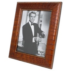 Vintage Hand-Stitched Brown Crocodile Leather Picture Frame