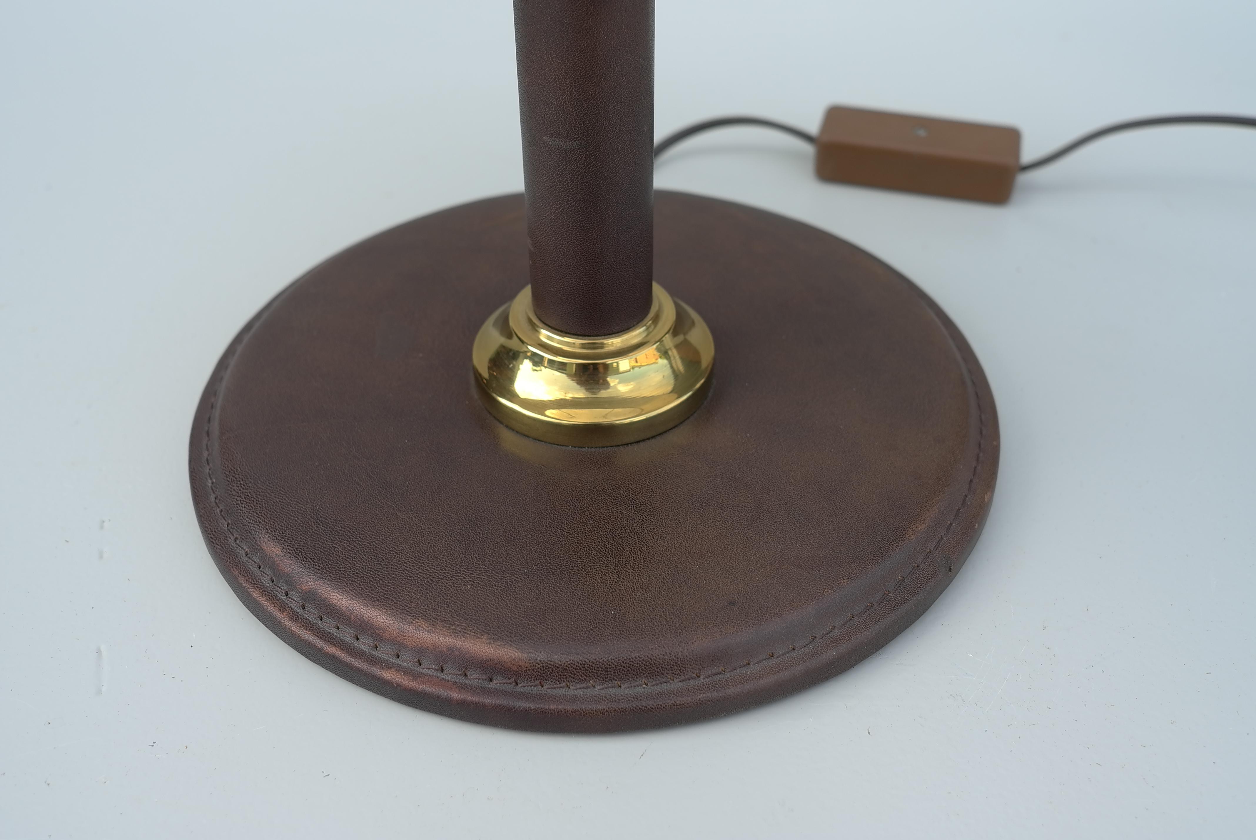 Brass Hand-Stitched Brown Leather Table Lamp with Silk Deep Pink Shade, France, 1960s For Sale