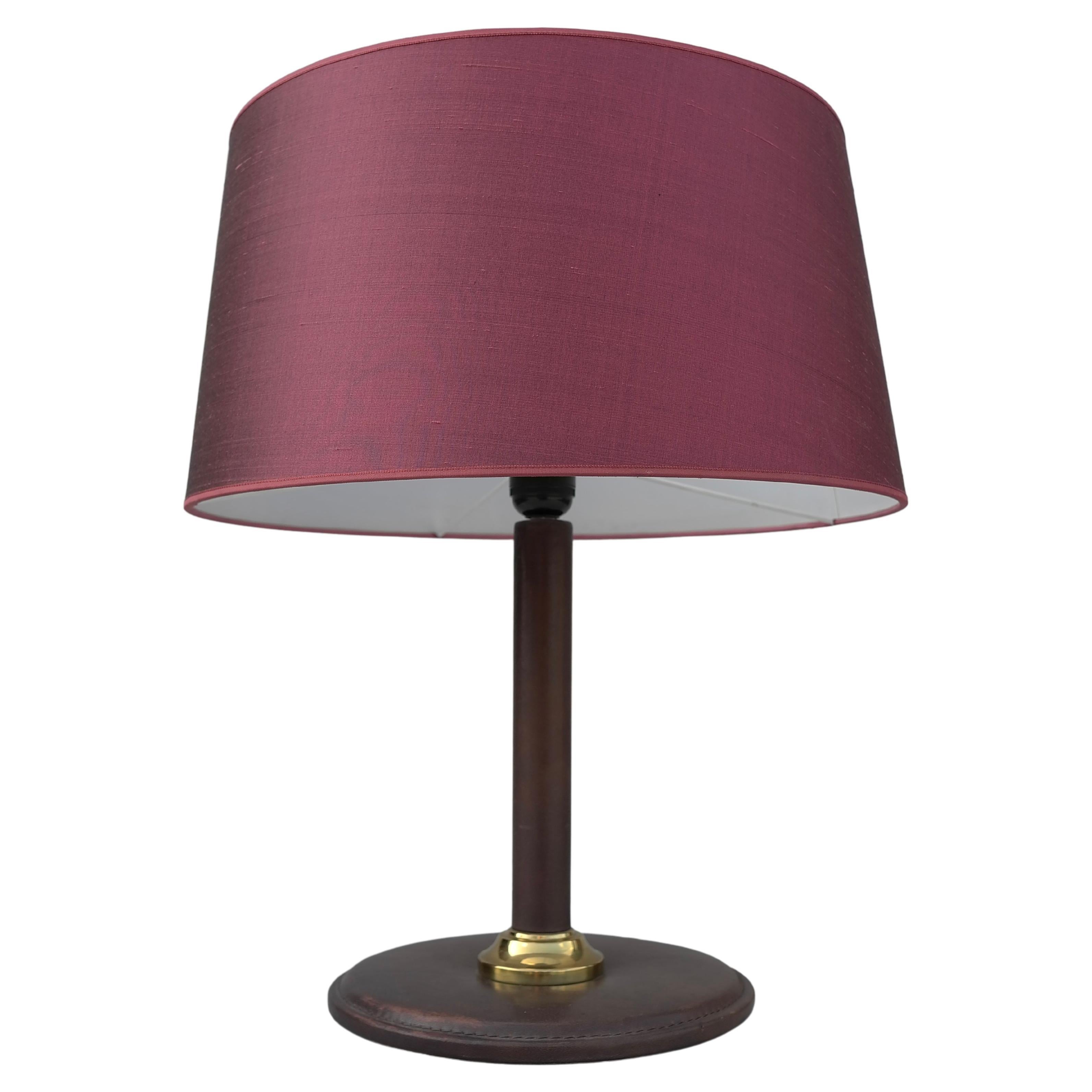Hand-Stitched Brown Leather Table Lamp with Silk Deep Pink Shade, France, 1960s For Sale