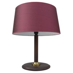 Retro Hand-Stitched Brown Leather Table Lamp with Silk Deep Pink Shade, France, 1960s
