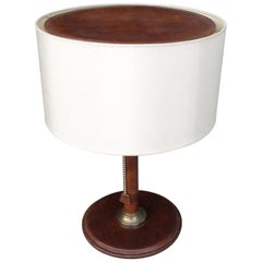 Handstitched Cognac Brown Patina Leather Table Lamp, France, 1960s