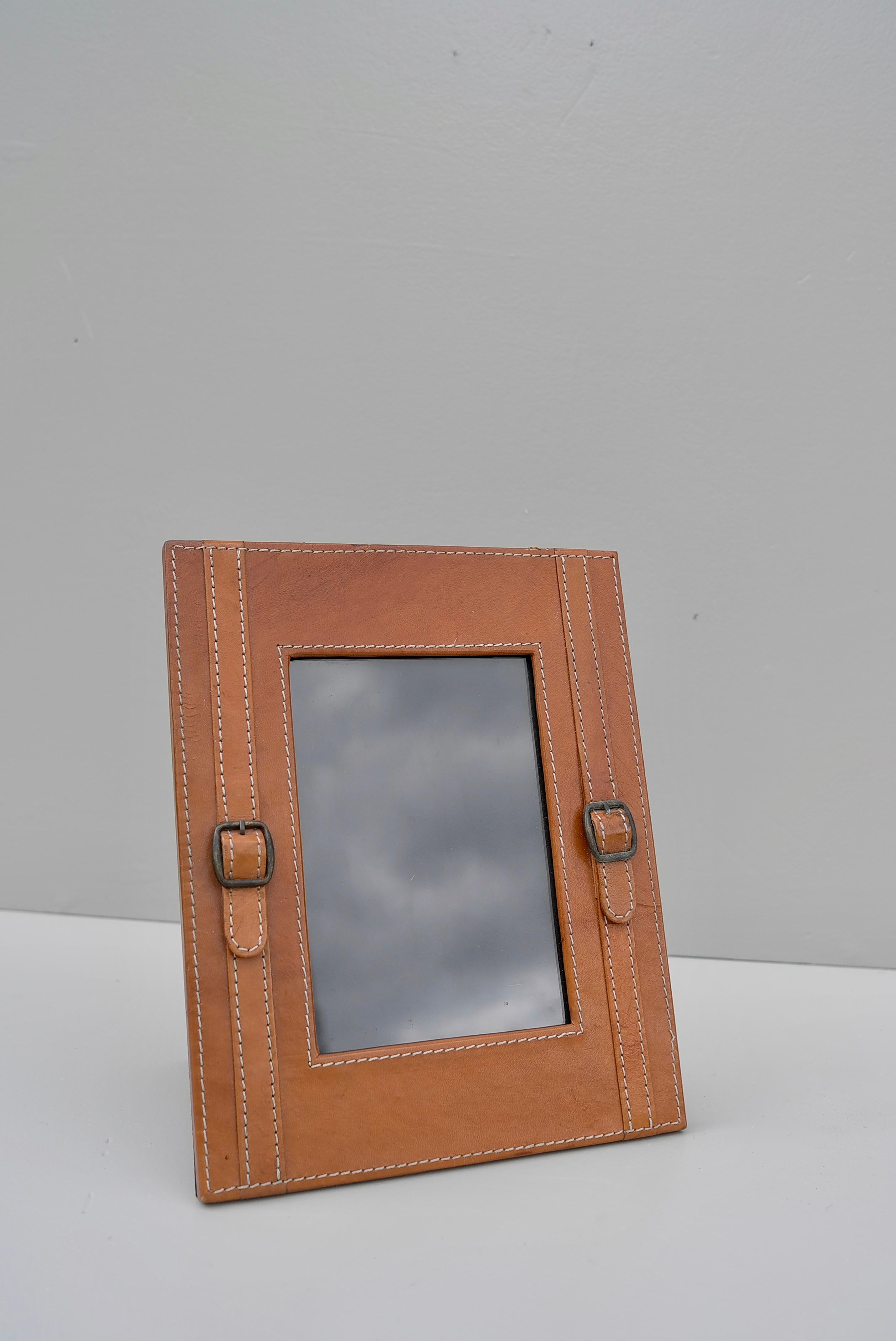 20th Century Hand-Stitched Cognac Leather Picture Frame in Style of Jacques Adnet