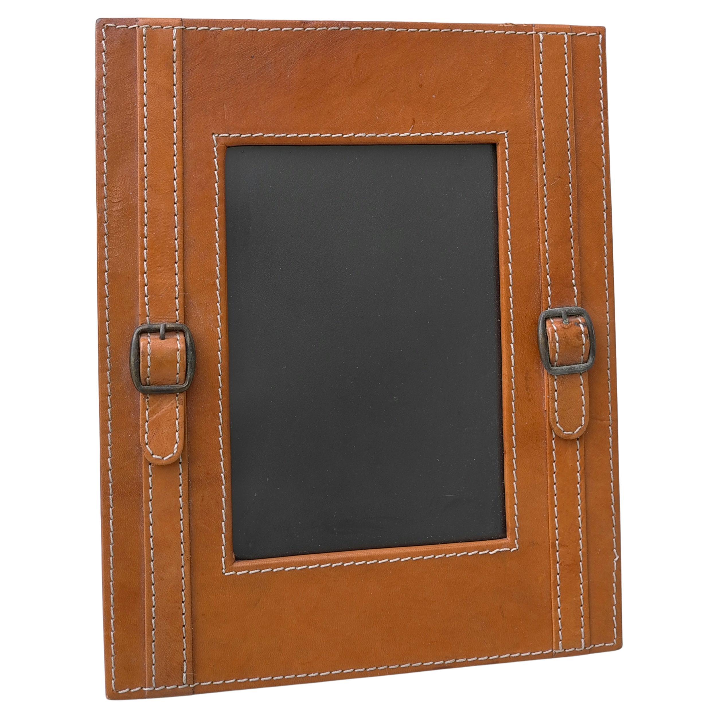 Hand-Stitched Cognac Leather Picture Frame in Style of Jacques Adnet For Sale