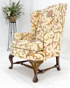 Hand Stitched Floral Pattern Wide Queen Ann Base Wind Lounge Club Chair 1940s