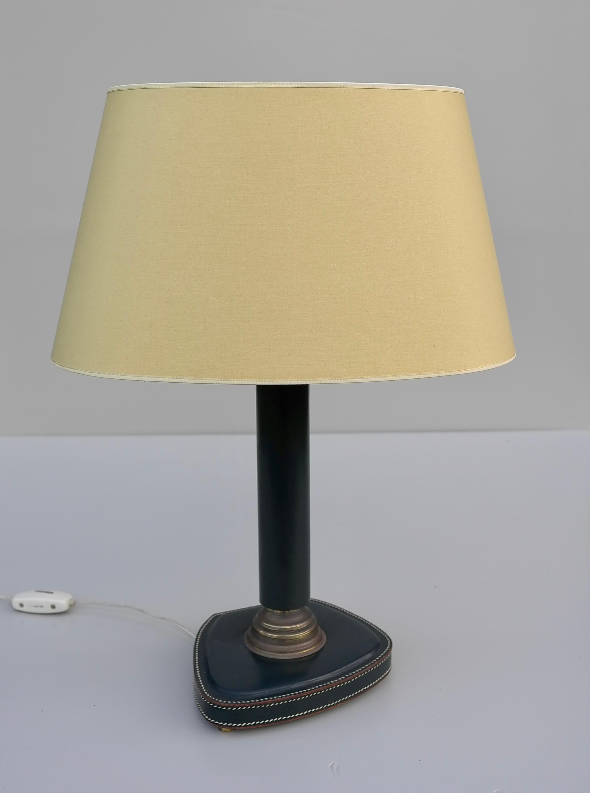 Hand-stitched Green leather table lamp, France, 1960s.