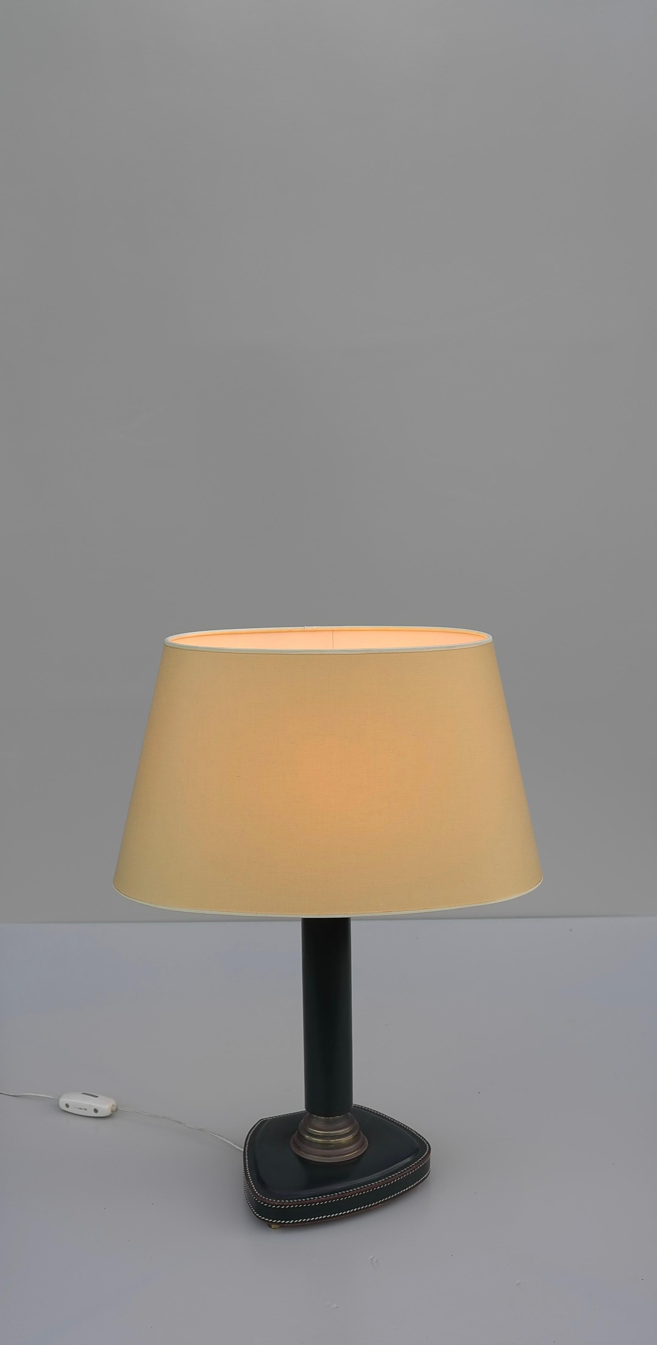 Mid-Century Modern Hand-Stitched Green Leather Table Lamp, France, 1960s For Sale