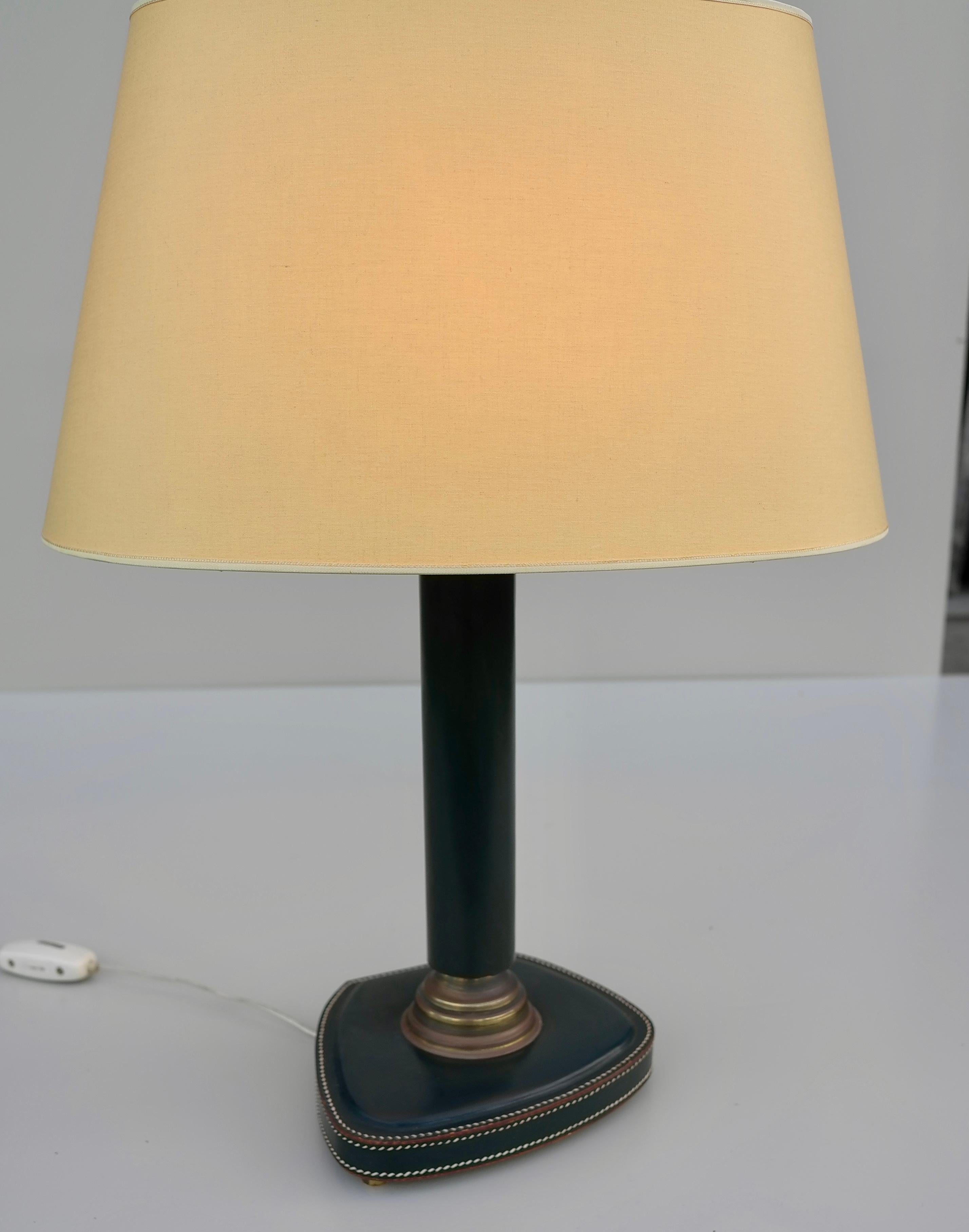 20th Century Hand-Stitched Green Leather Table Lamp, France, 1960s For Sale