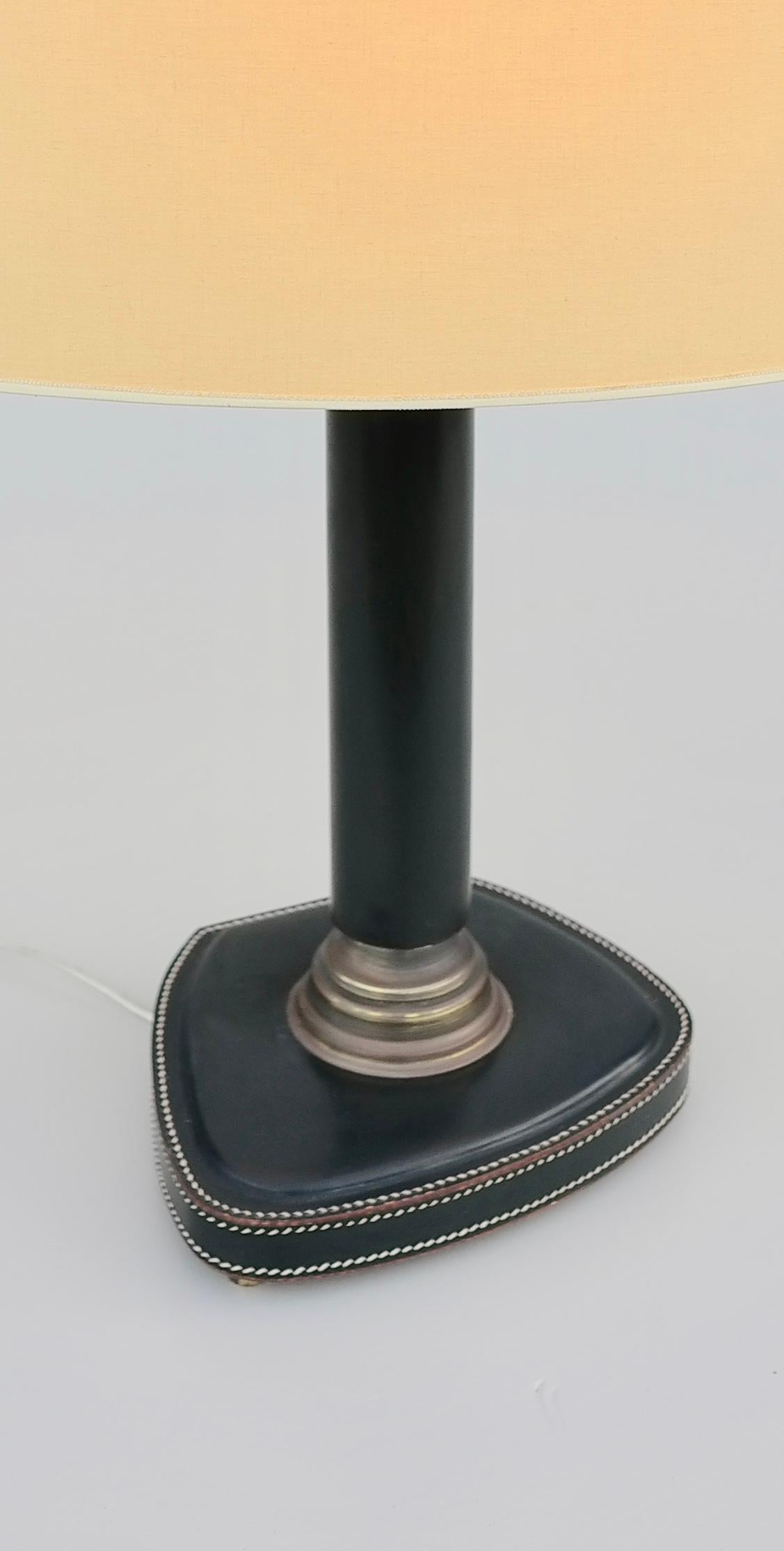 Brass Hand-Stitched Green Leather Table Lamp, France, 1960s For Sale