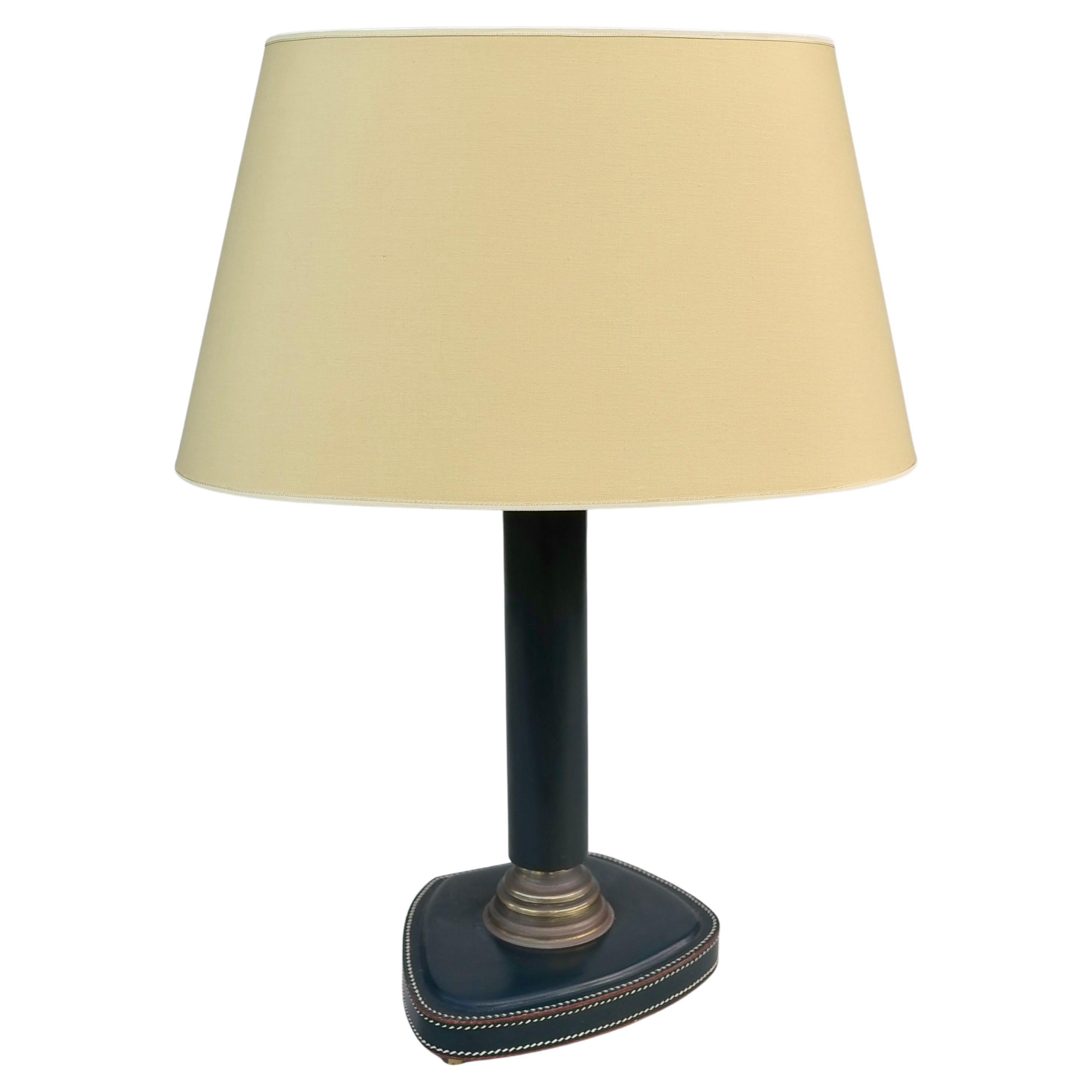 Hand-Stitched Green Leather Table Lamp, France, 1960s For Sale