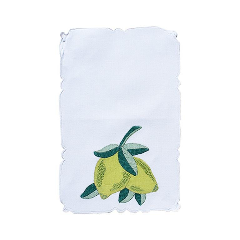 A pretty set of 5 linen cocktail napkins hand sewn with renderings of lemons and limes. This set will make for a perfect addition to your next cocktail party. Freshly pressed, cleaned, and ready for use. 

Dimensions:
5