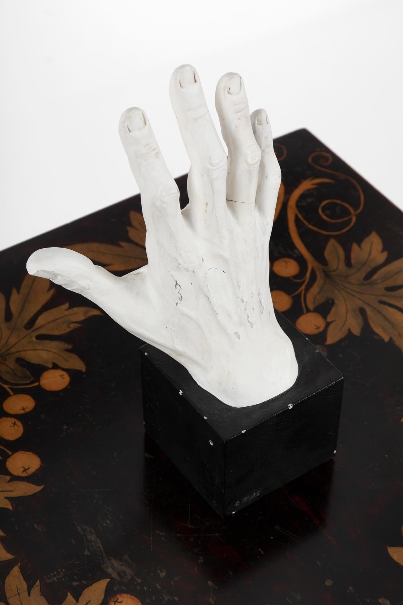 Hand-Crafted Hand Study in Plaster on Oak Plinth Base, Early 20th Century For Sale