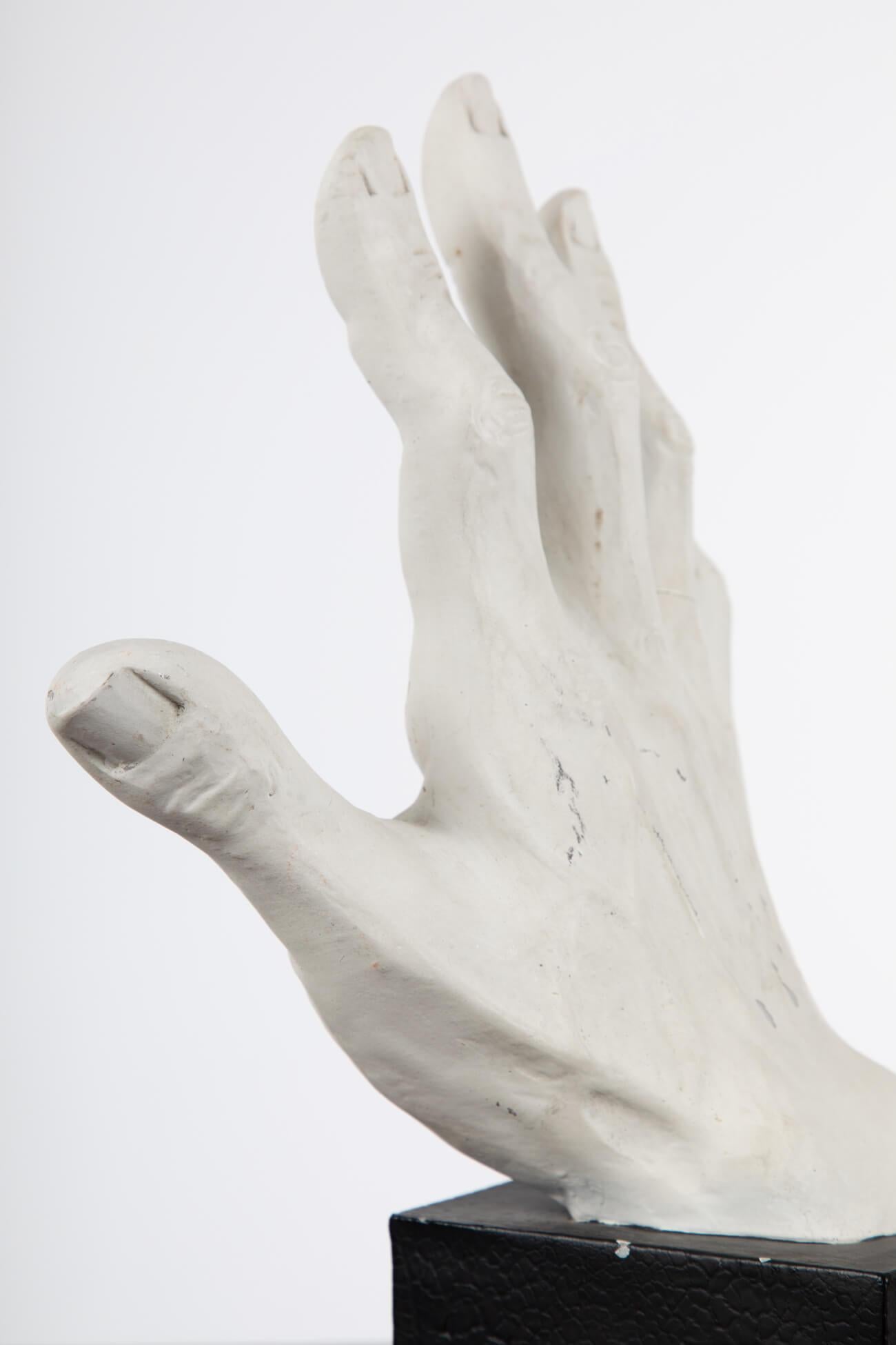 Marble Hand Study in Plaster on Oak Plinth Base, Early 20th Century For Sale