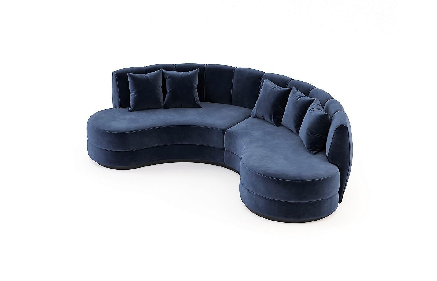 Contemporary Hand-Tailored Curved Sectional Sofa in Deep Blue Velvet For Sale