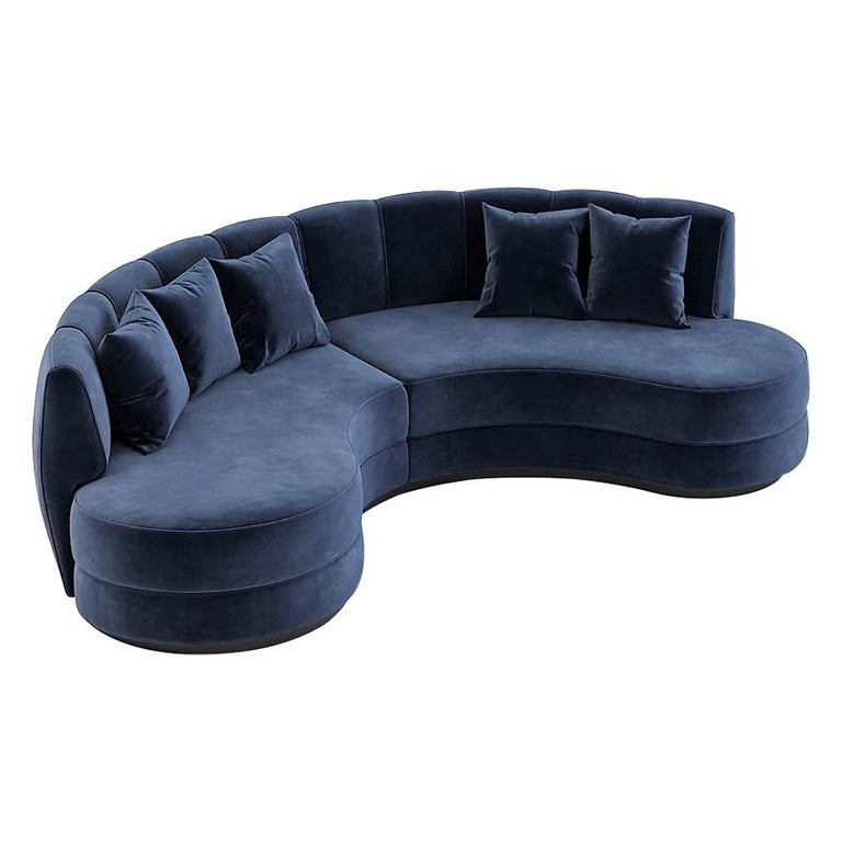 HandTailored Curved Sectional Sofa in Deep Blue Velvet For Sale at