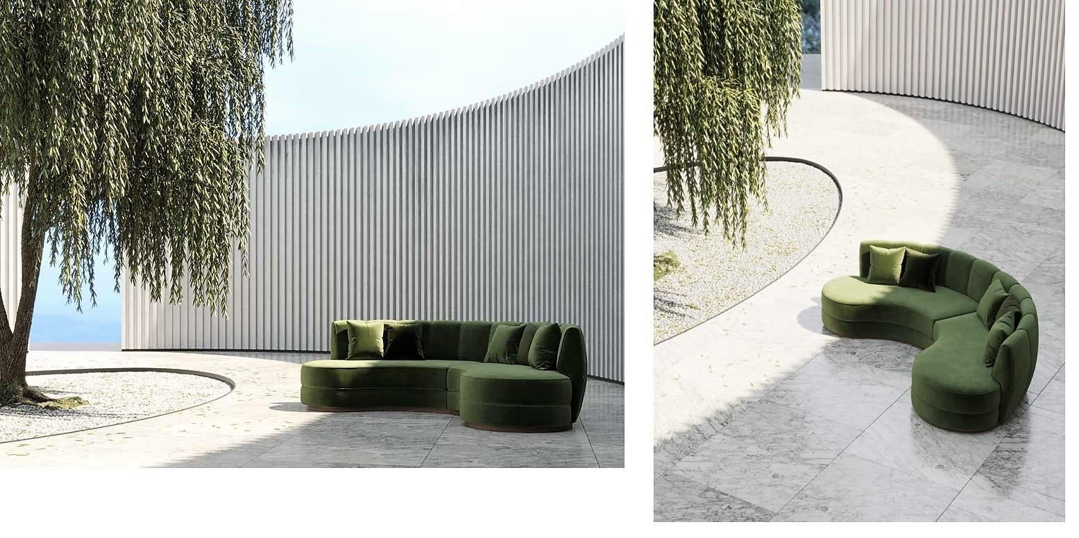 Modern Hand-Tailored Curved Sectional Sofa in Light Grey Velvet For Sale