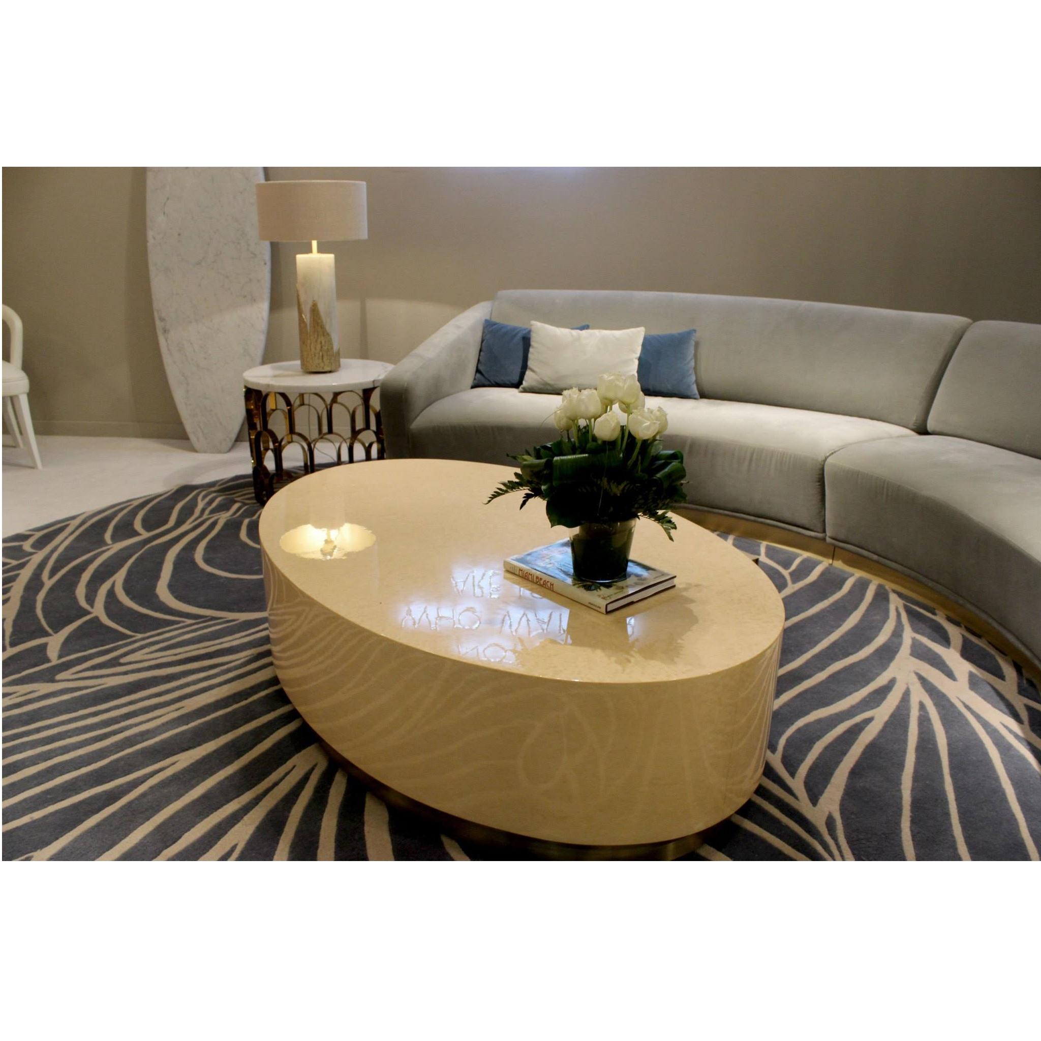 Contemporary Hand Tailored Curved Sofa in Stylish Brushed Brass Plate Footer For Sale