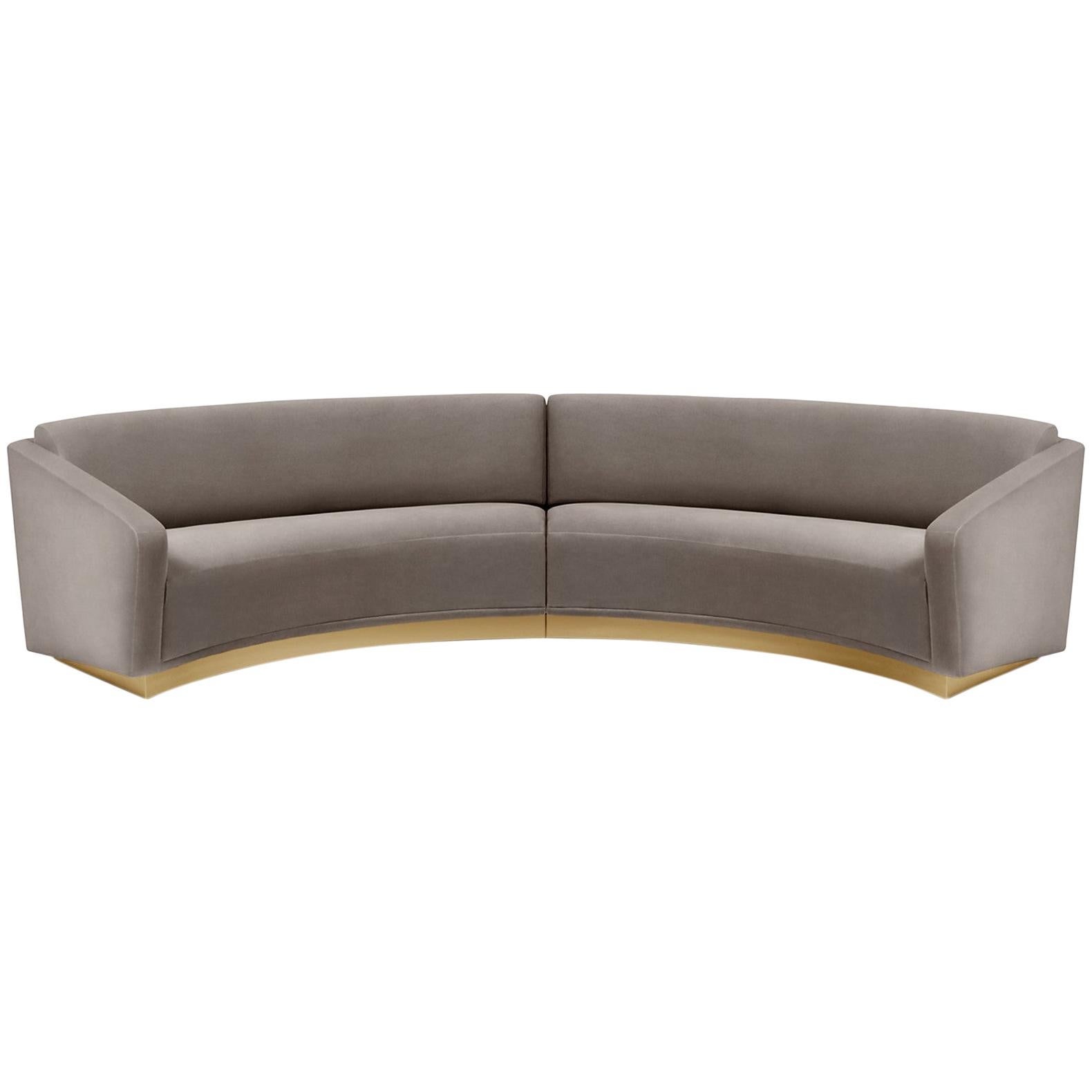 Hand Tailored Curved Sofa in Stylish Brushed Brass Plate Footer For Sale