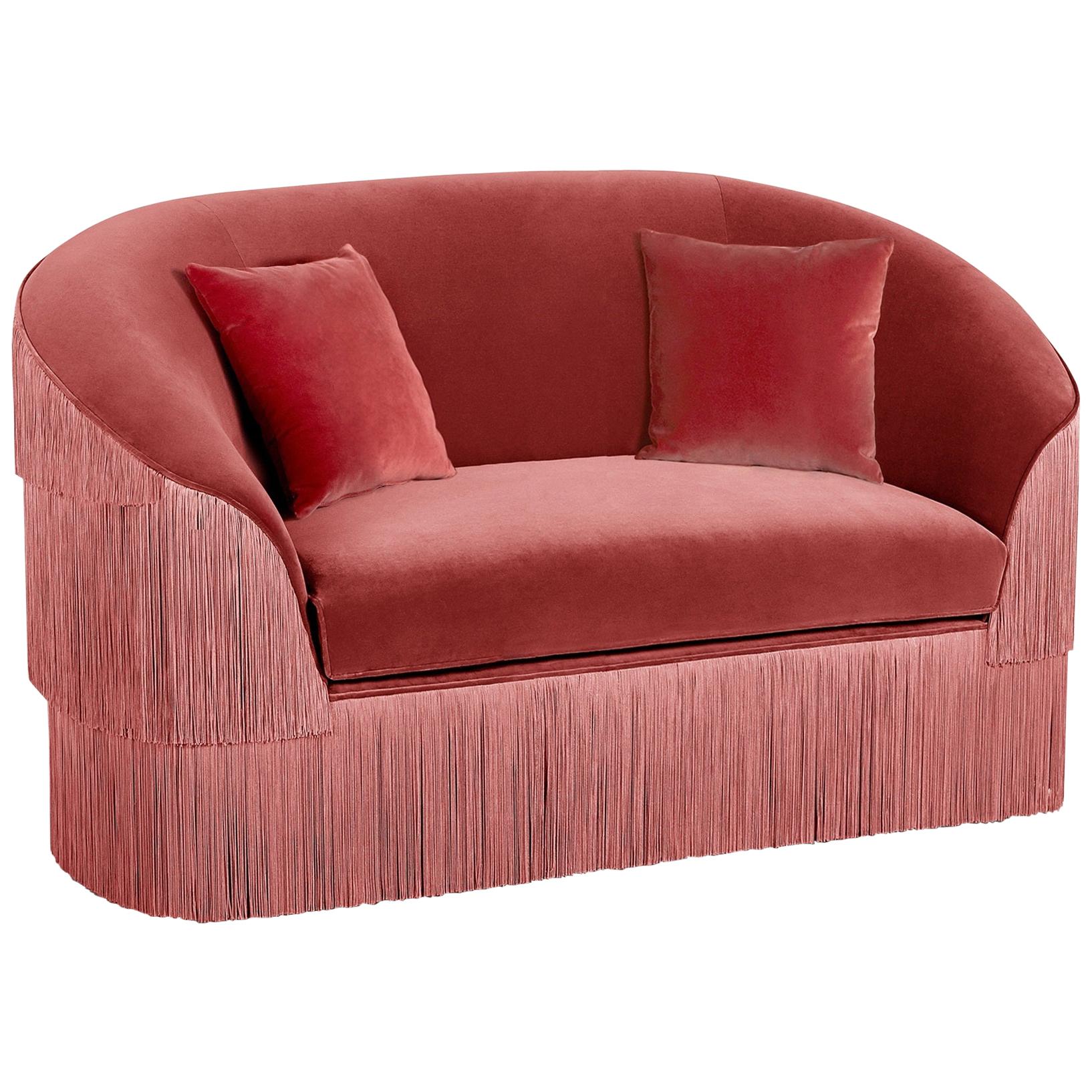 Hand Tailored Fringes 2-Seat Sofa in Antique Pink Velvet