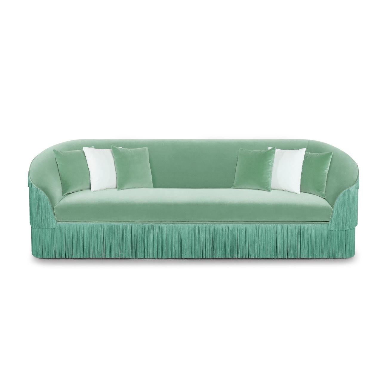 Hand Tailored Fringes 3-Seater Sofa in Velvet For Sale 4