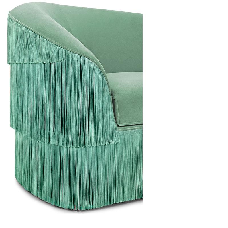 Hand Tailored Fringes 3-Seater Sofa in Velvet For Sale 4