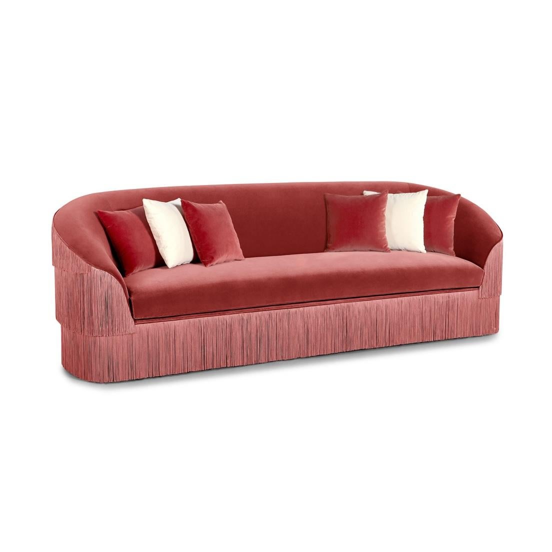 Contemporary Hand Tailored Fringes 3-Seater Sofa in Velvet For Sale