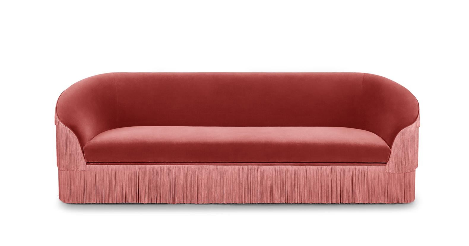 Hand Tailored Fringes 3-Seater Sofa in Velvet For Sale 1