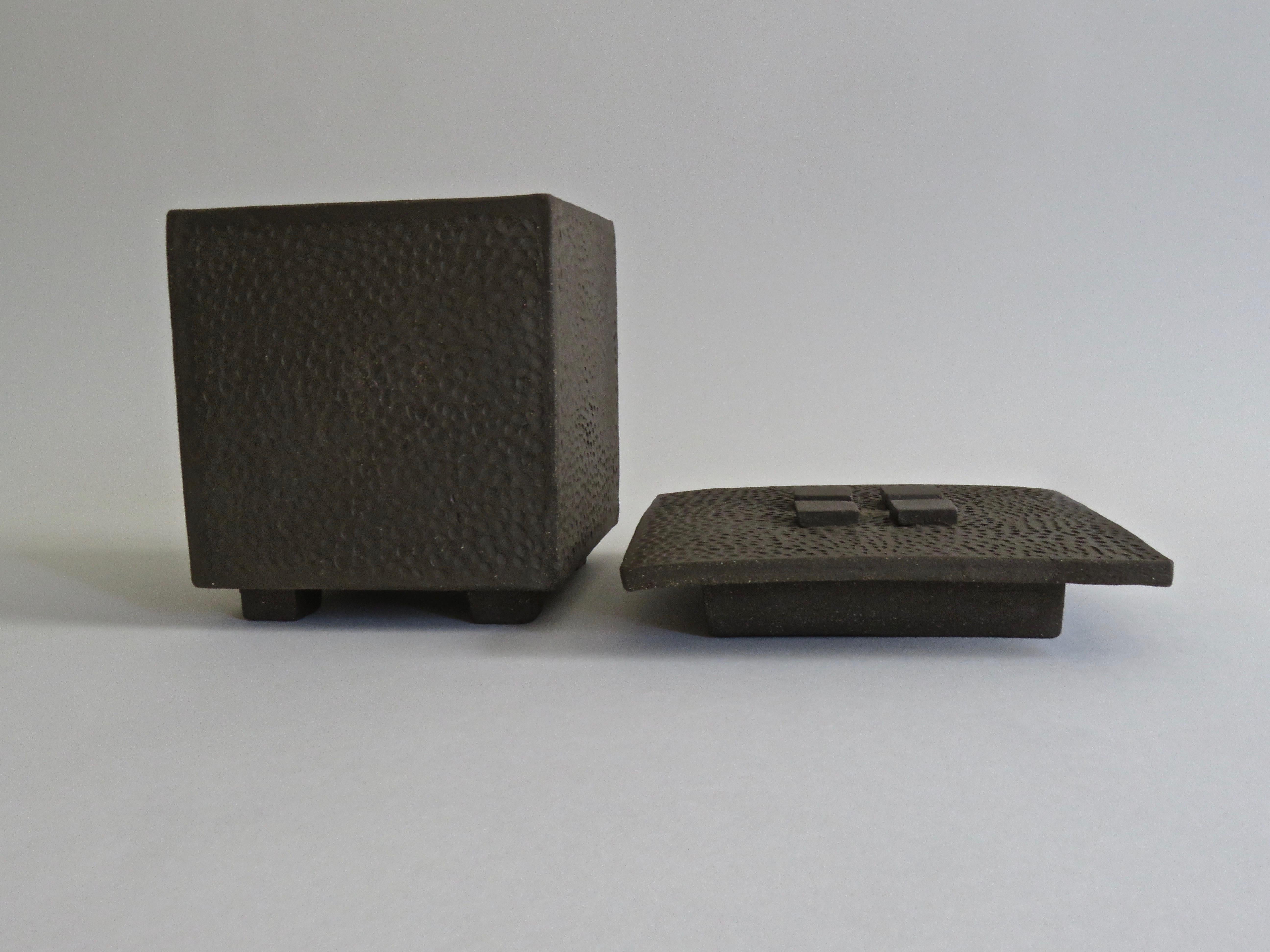 Hand-Textured Box in Raw Brown Clay with Orange Glazed Interior and Lid 2
