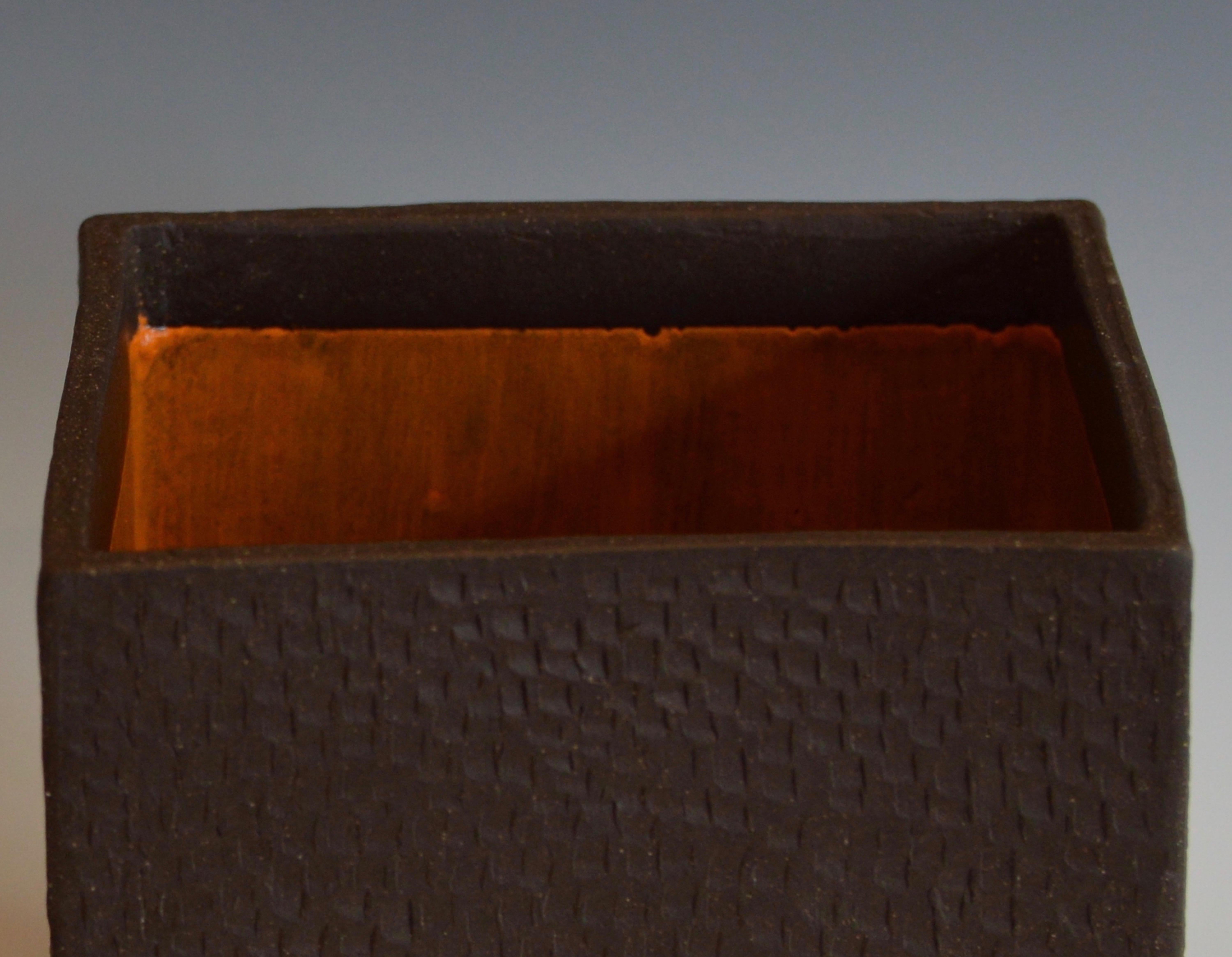 Hand-Textured Box in Raw Brown Clay with Orange Glazed Interior and Lid 3