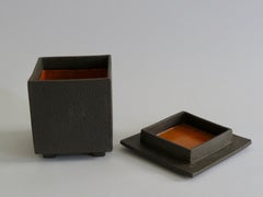 Hand-Textured Box in Raw Brown Clay with Orange Glazed Interior and Lid