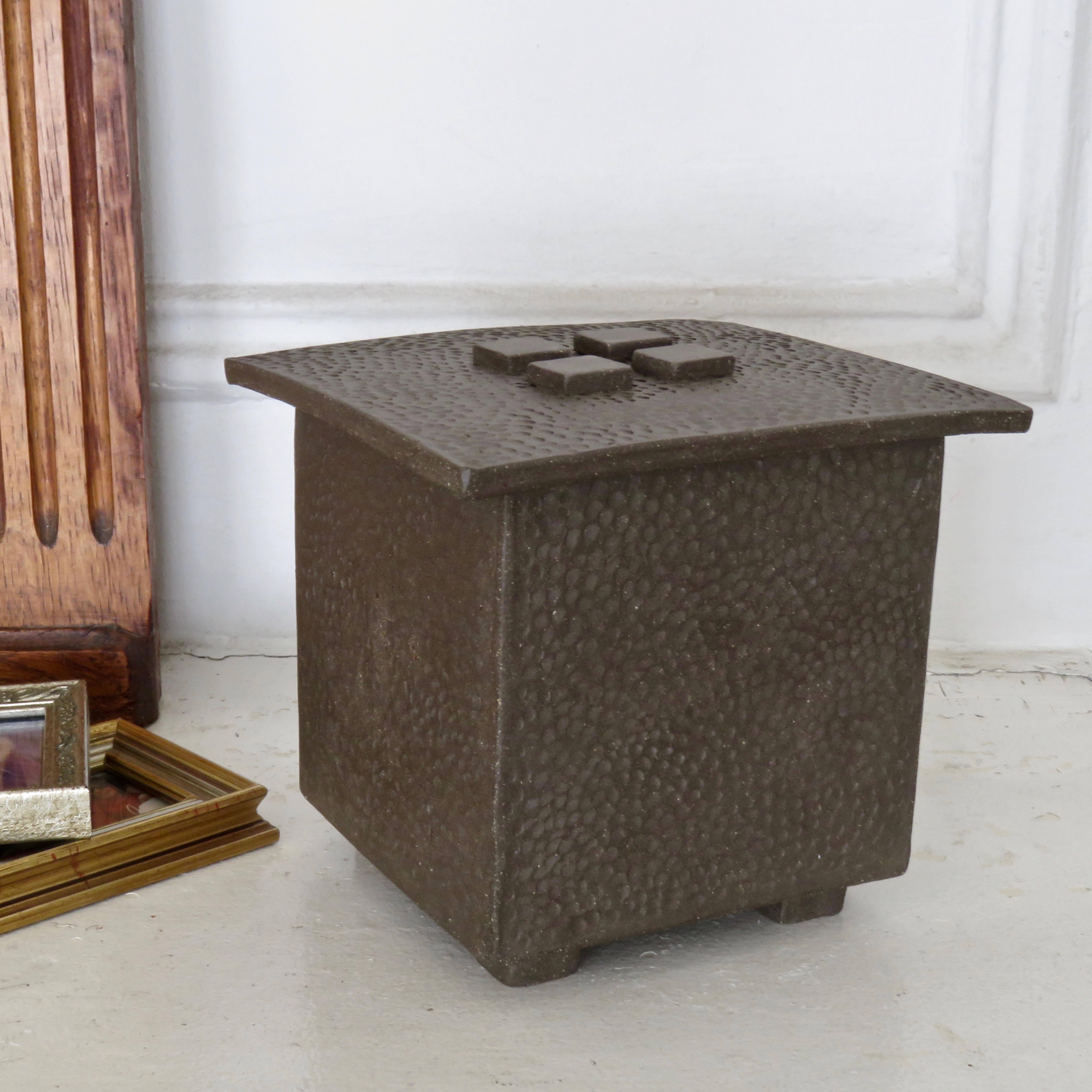 American Hand-Textured Box in Raw Brown Clay with Orange Glazed Interior and Lid