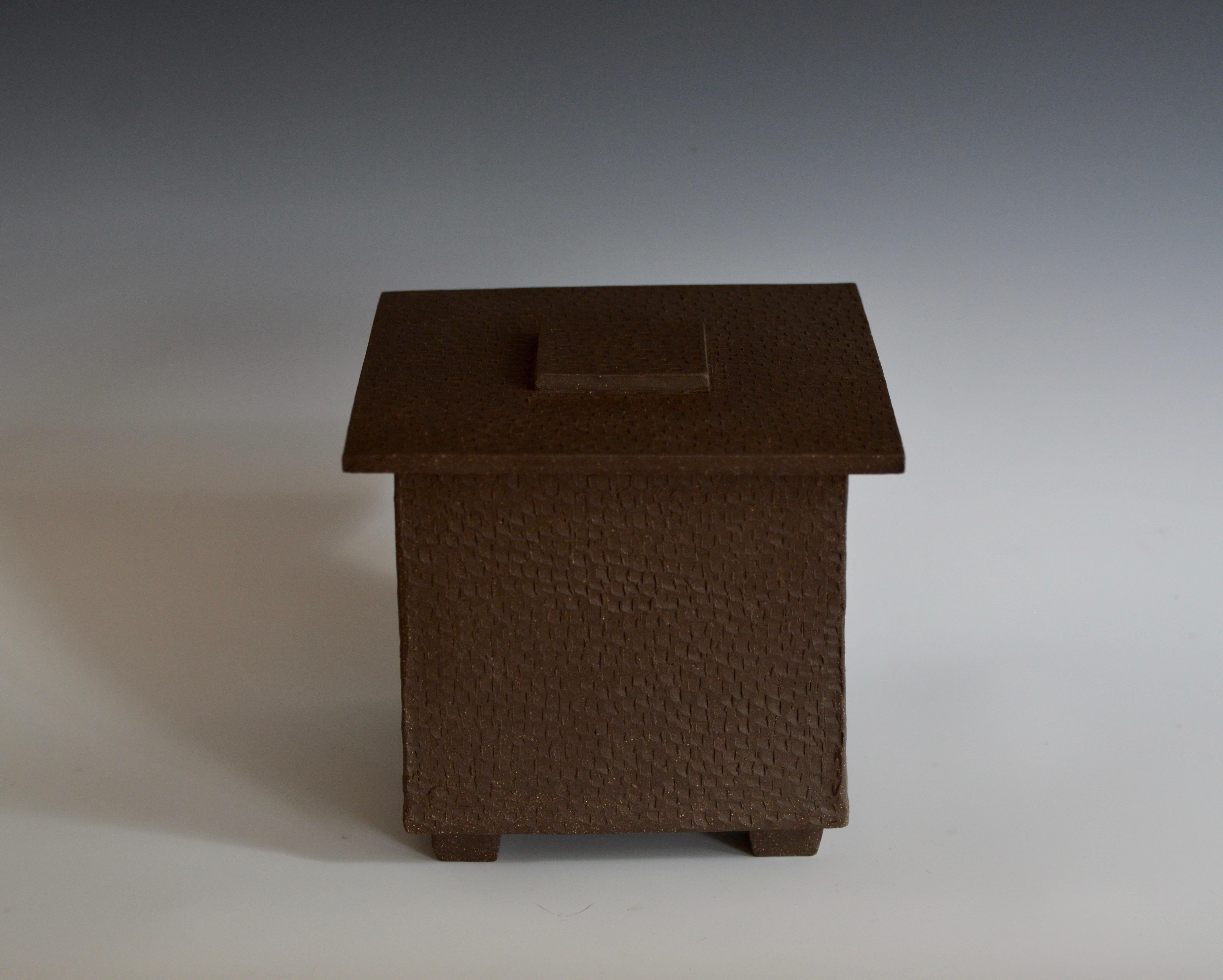 Ceramic Hand-Textured Box in Raw Brown Clay with Orange Glazed Interior and Lid