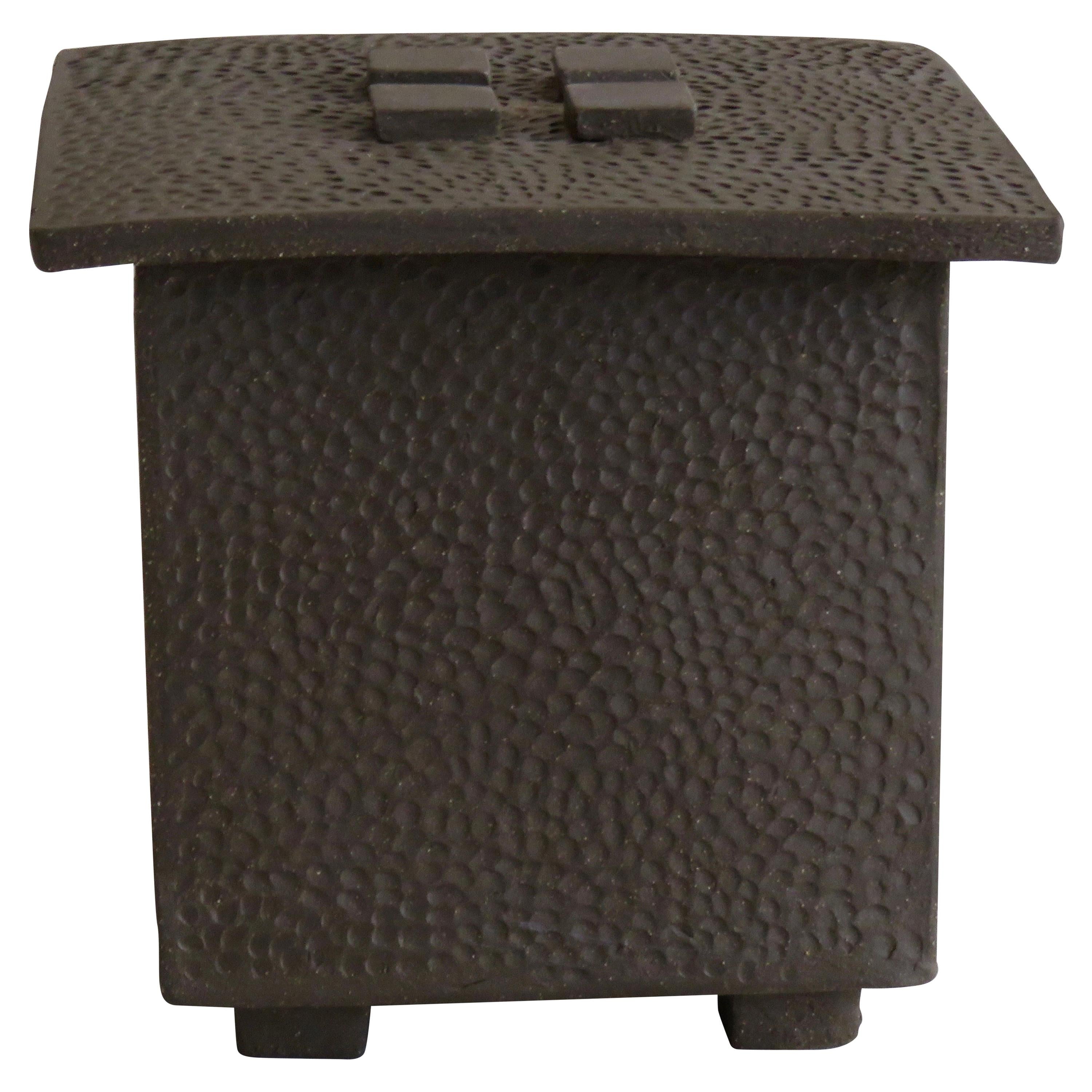 Hand-Textured Box in Raw Brown Clay with Orange Glazed Interior and Lid