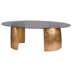 Hand Textured Bronze Casted Sculptural Table Base with Tinted Glass Top
