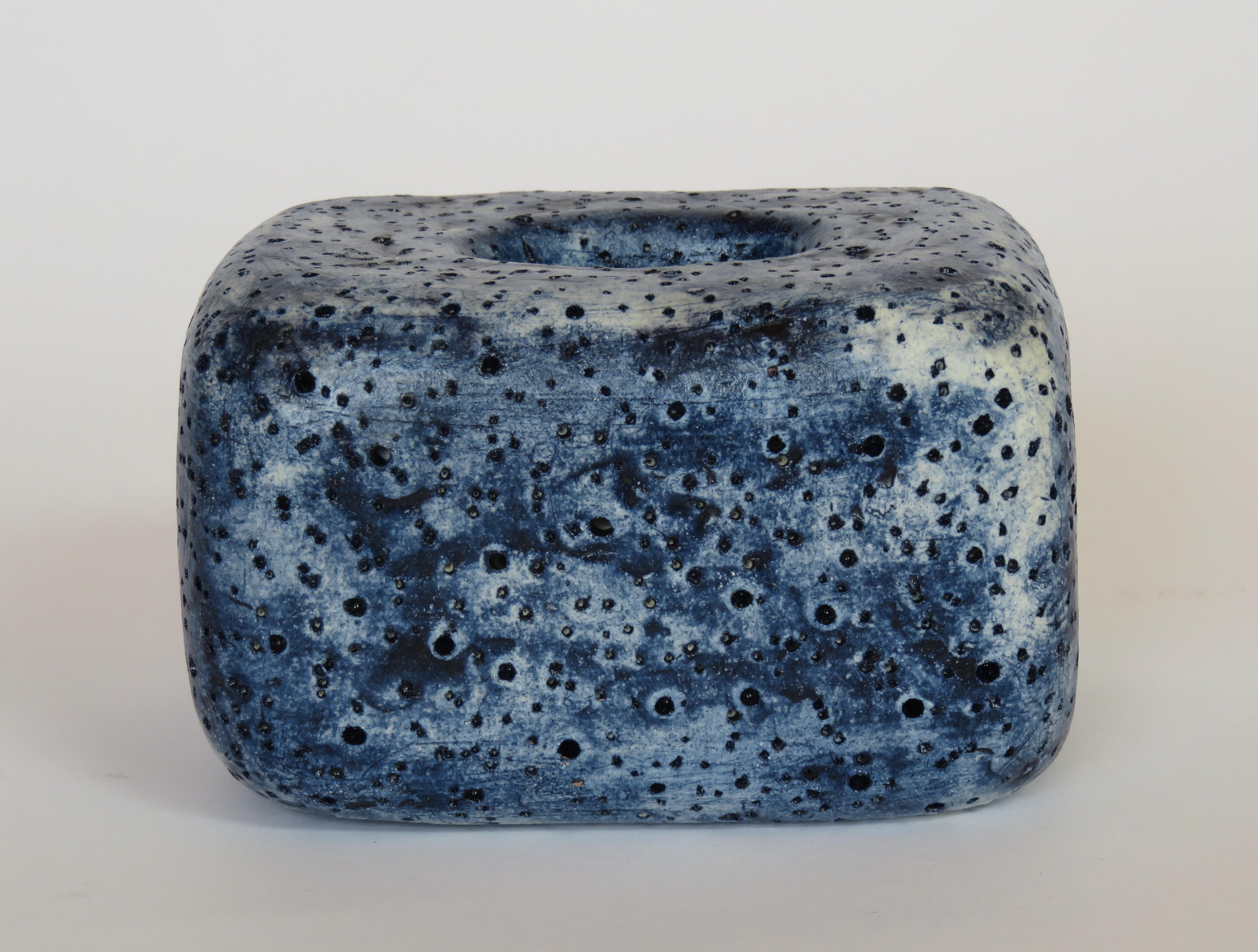 Hand Textured Ceramic Sculpture, Oblong Cube with Oval Opening in Deep Blue Wash 2