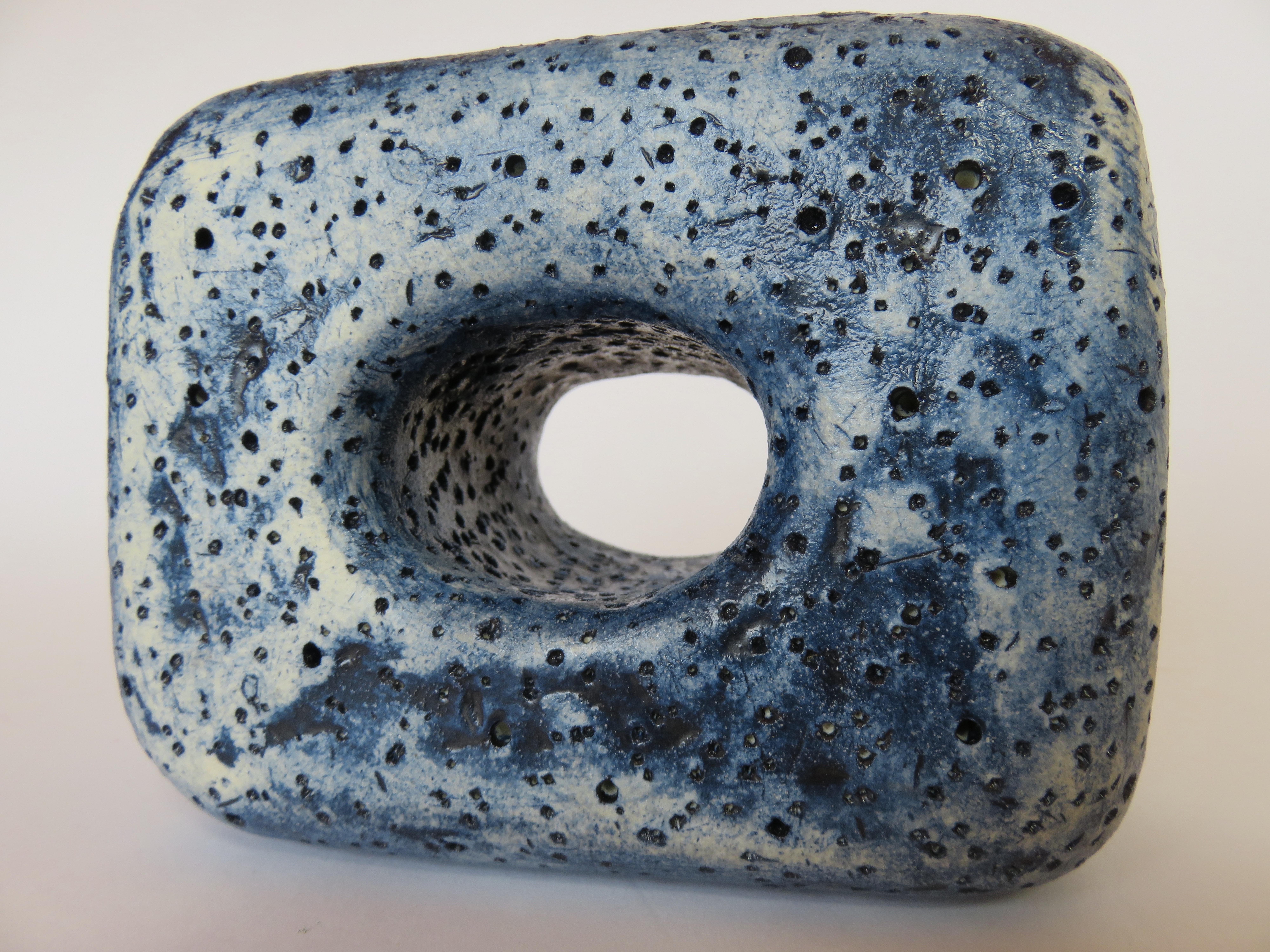 Hand Textured Ceramic Sculpture, Oblong Cube with Oval Opening in Deep Blue Wash 4