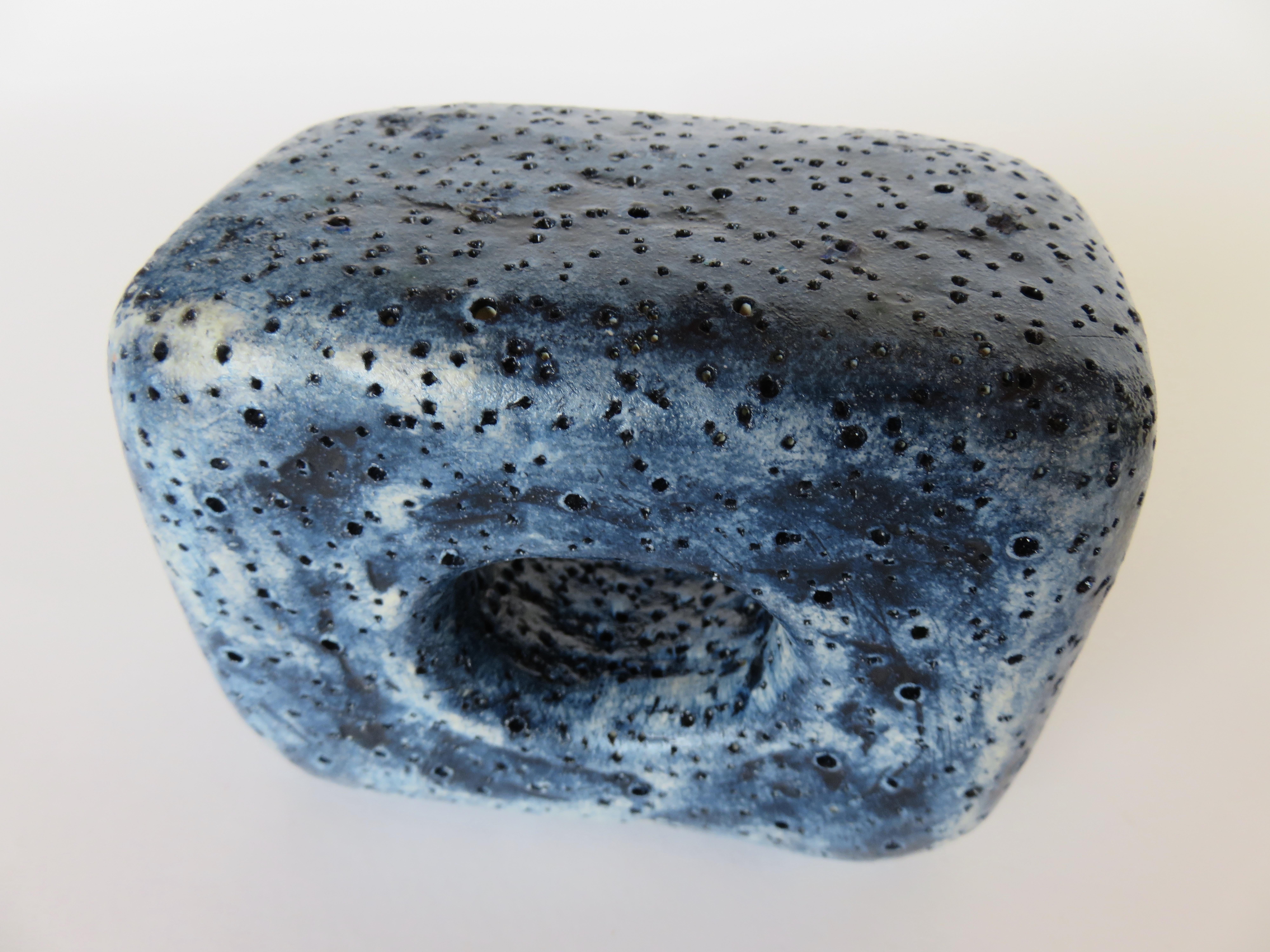 Hand Textured Ceramic Sculpture, Oblong Cube with Oval Opening in Deep Blue Wash 5