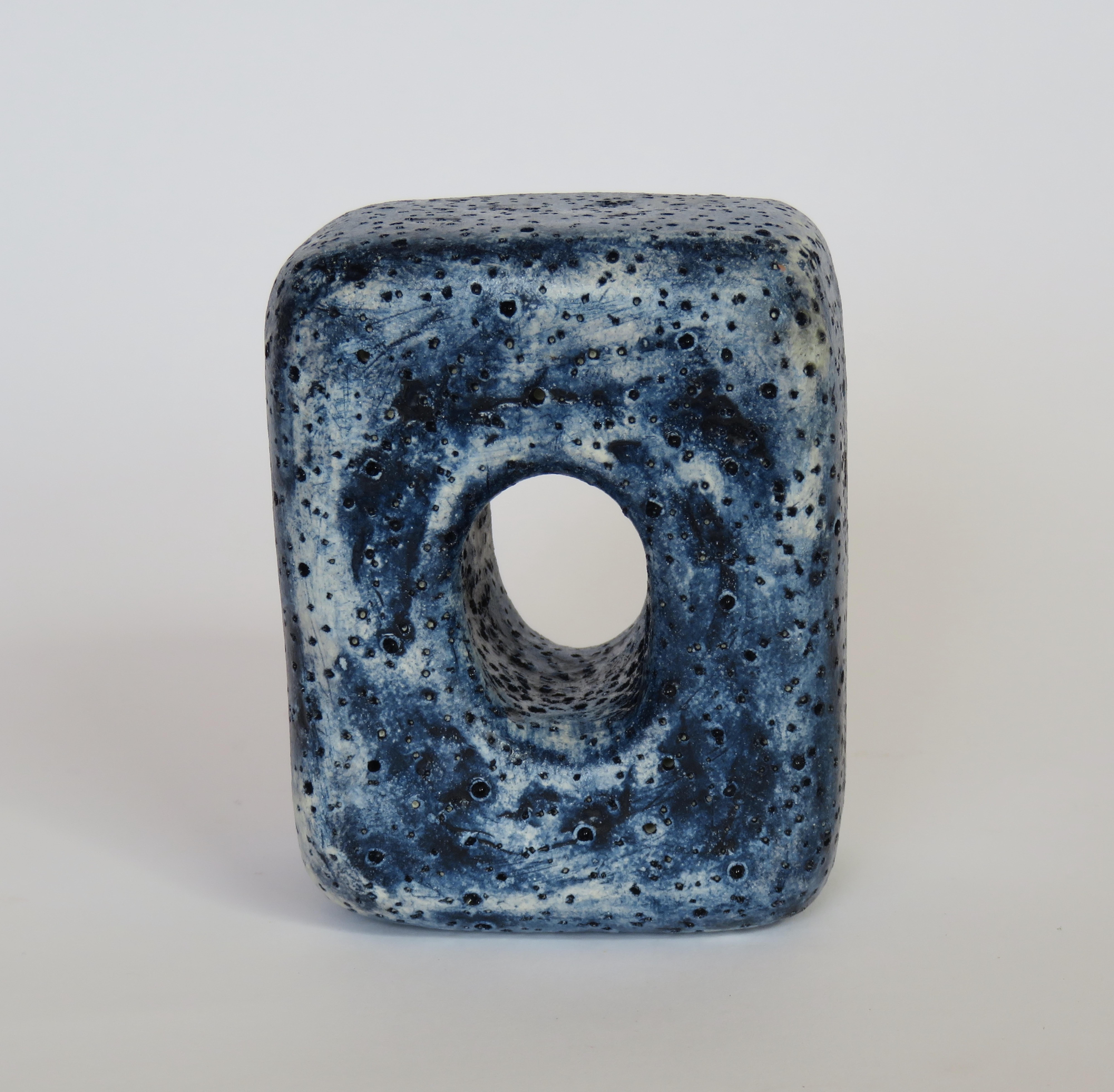 Hand Textured Ceramic Sculpture, Oblong Cube with Oval Opening in Deep Blue Wash 6