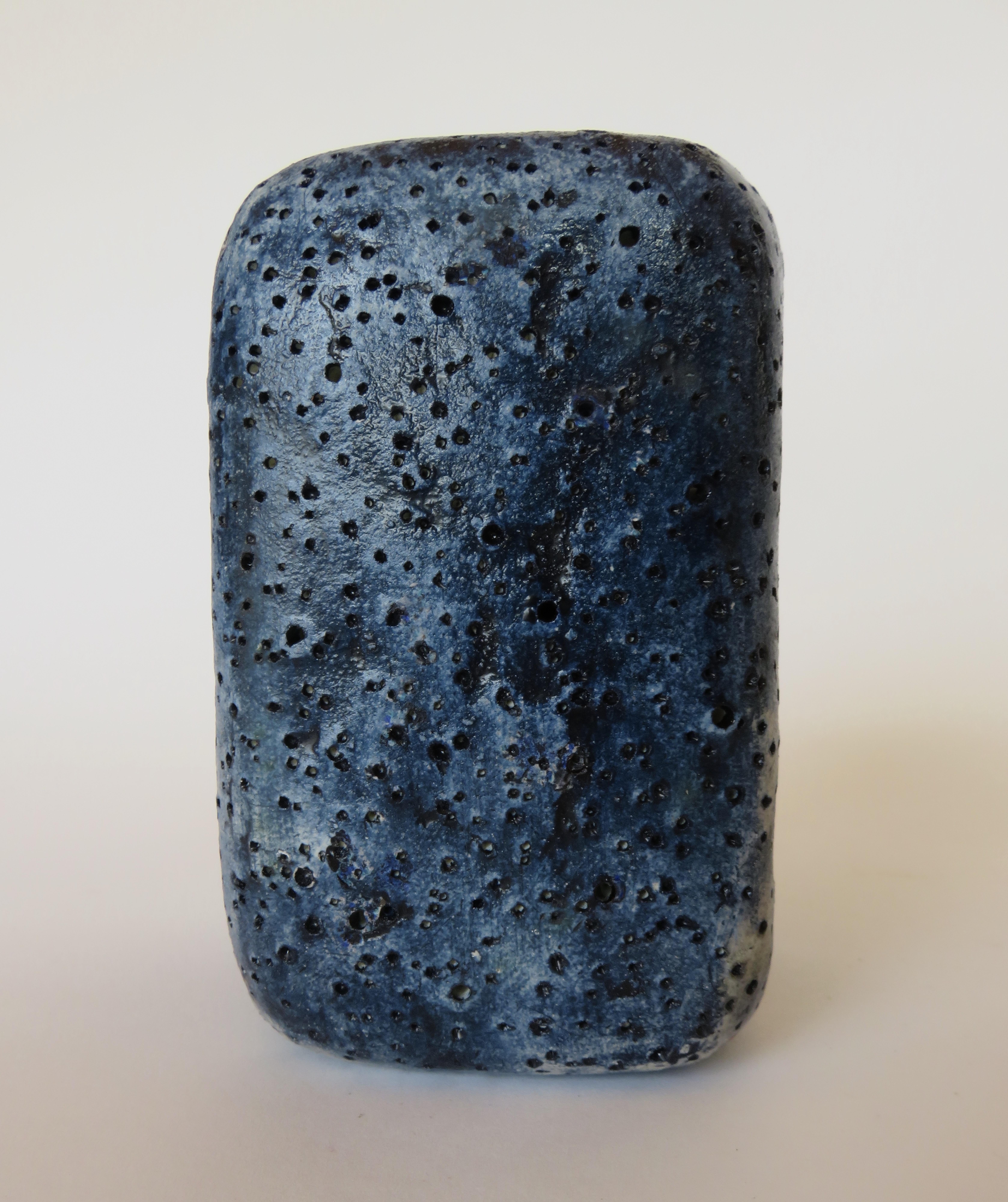 Hand Textured Ceramic Sculpture, Oblong Cube with Oval Opening in Deep Blue Wash 7